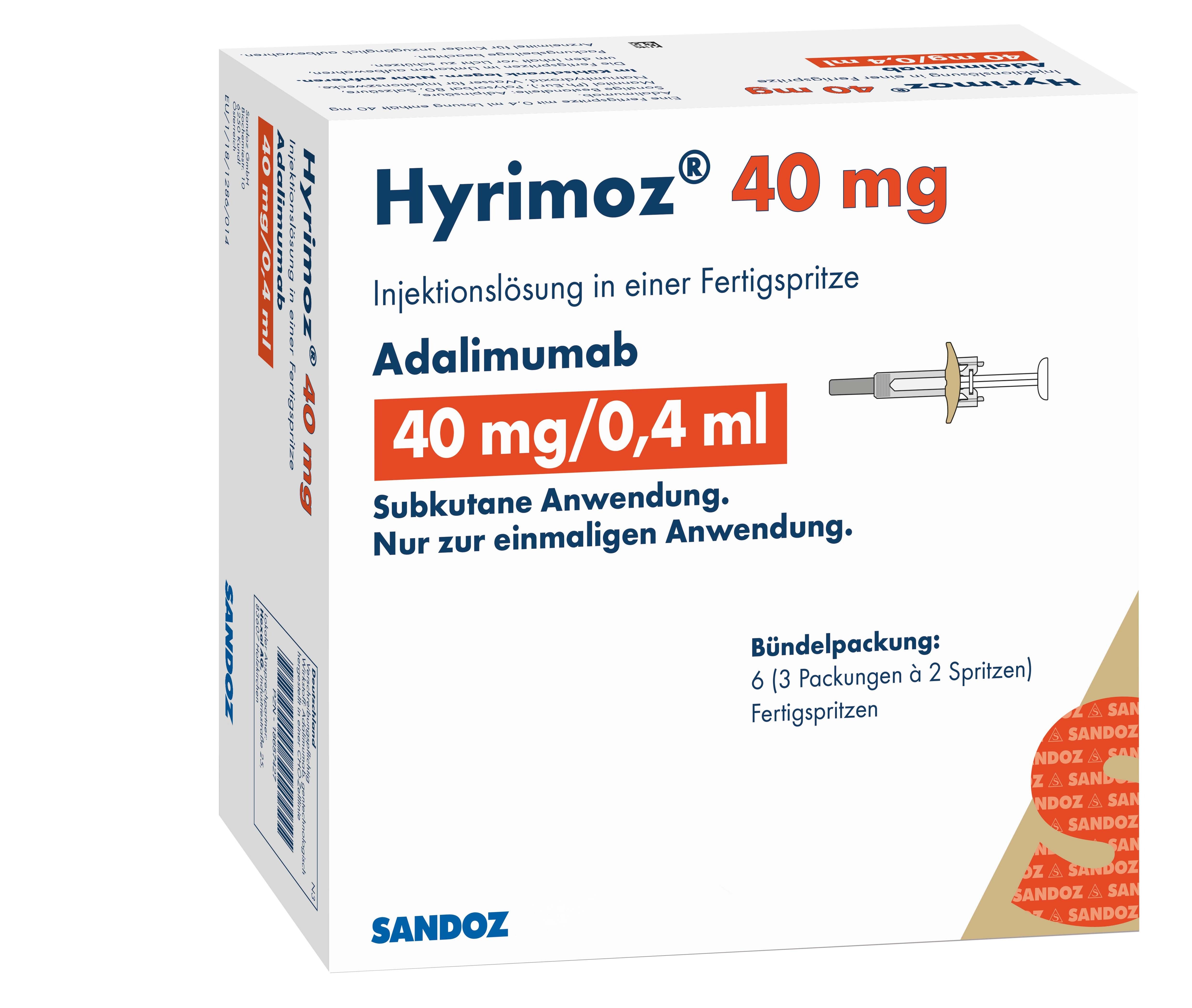 Hyrīmoz 40 mg Fertigspritze mit Adalimumab, 40 mg/0,4 ml. Packung mit 6 Spritzen.