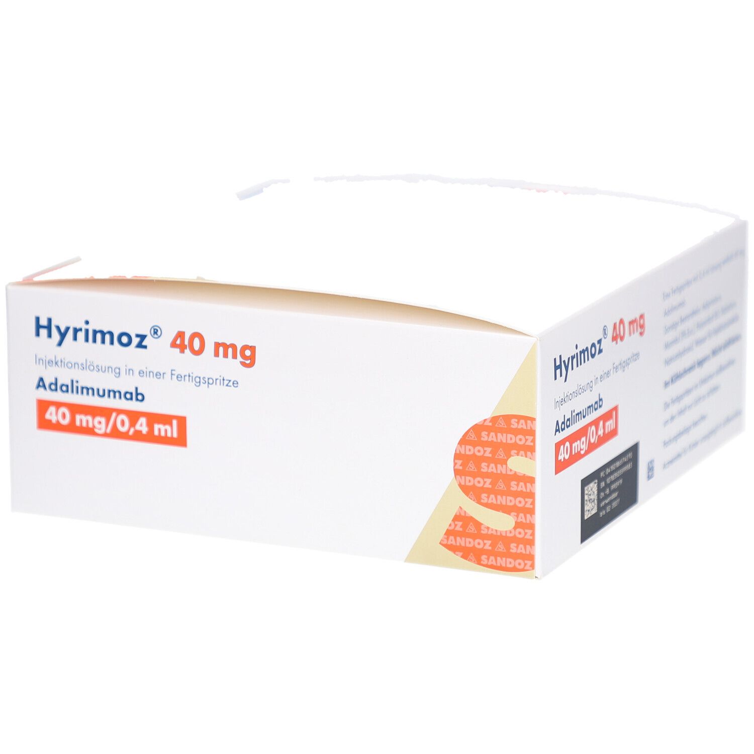 HYRIMOZ 40 mg Packung. Enthält 6 Fertigspritzen. Aufschrift: Adalimumab, 40 mg/0,4 ml. Sandoz Logo.