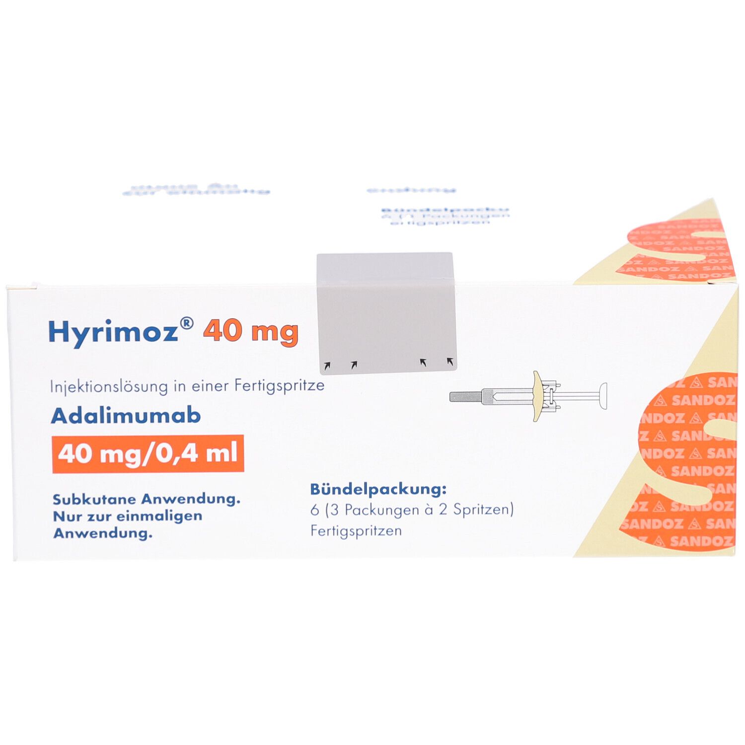 HYRIMOZ 40 mg Packung. Enthält 6 Fertigspritzen. Aufschrift: Adalimumab, 40 mg/0,4 ml. Abbildung einer Fertigspritze.
