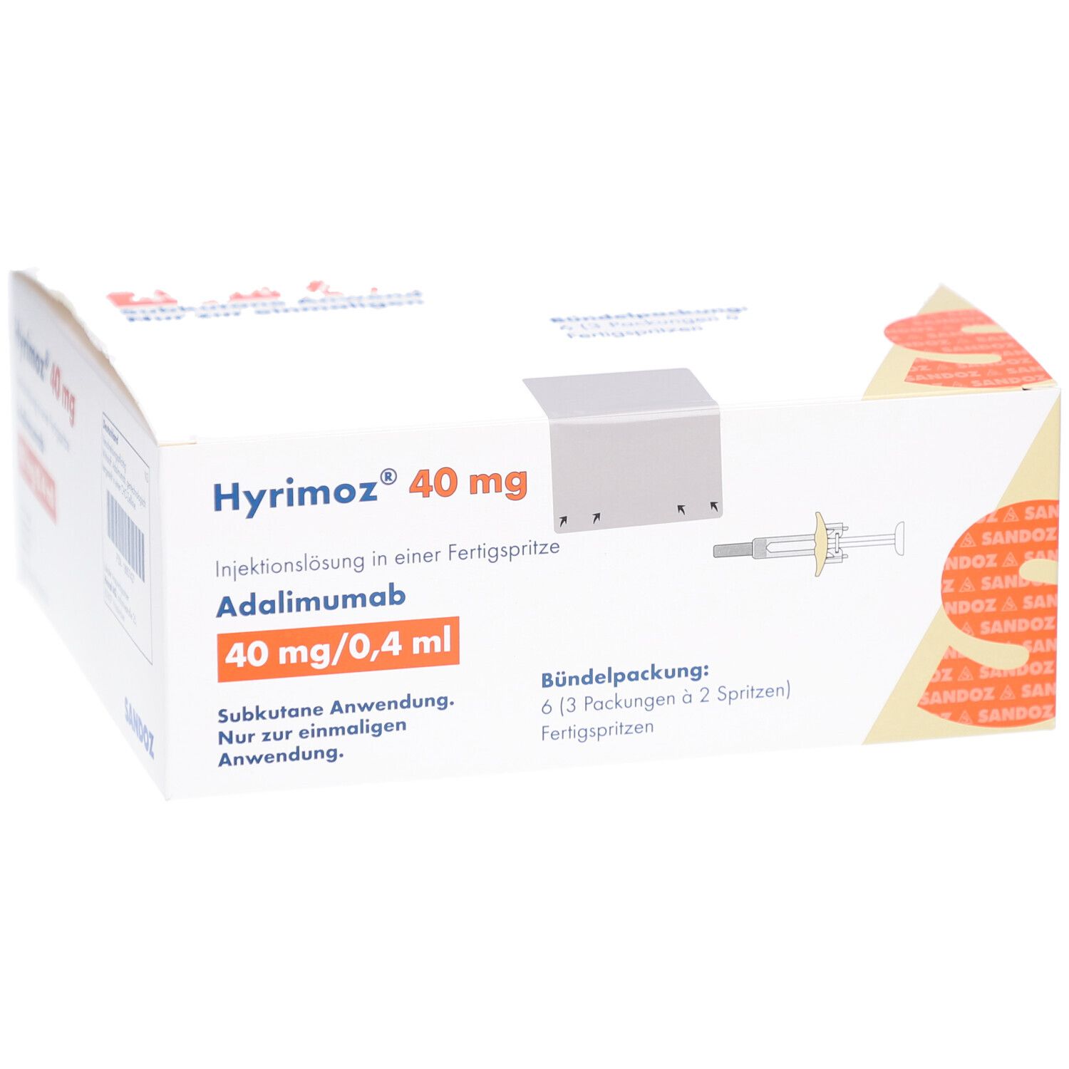 HYRIMOZ 40 mg Packung. Enthält 6 Fertigspritzen. Aufschrift: Adalimumab, 40 mg/0,4 ml. Sandoz Logo.