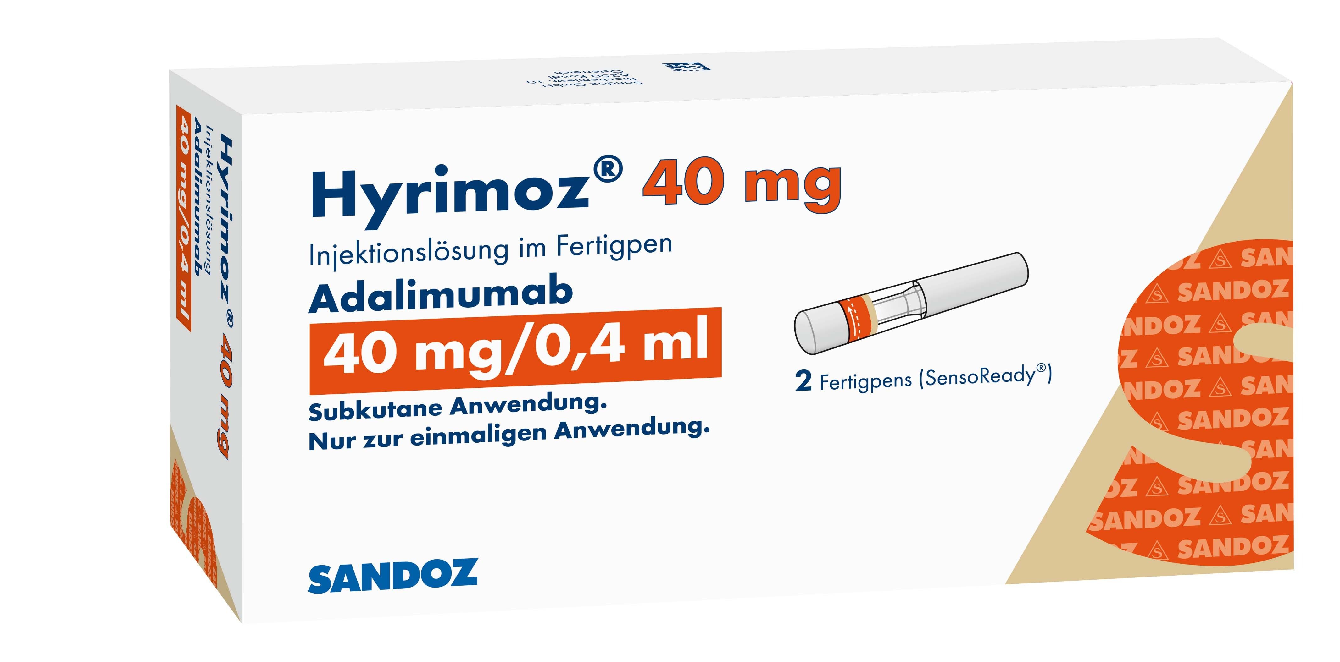 Verpackung von Hyrimoz 40 mg Adalimumab Injektionslösung im Fertigpen, 2 Stück.
