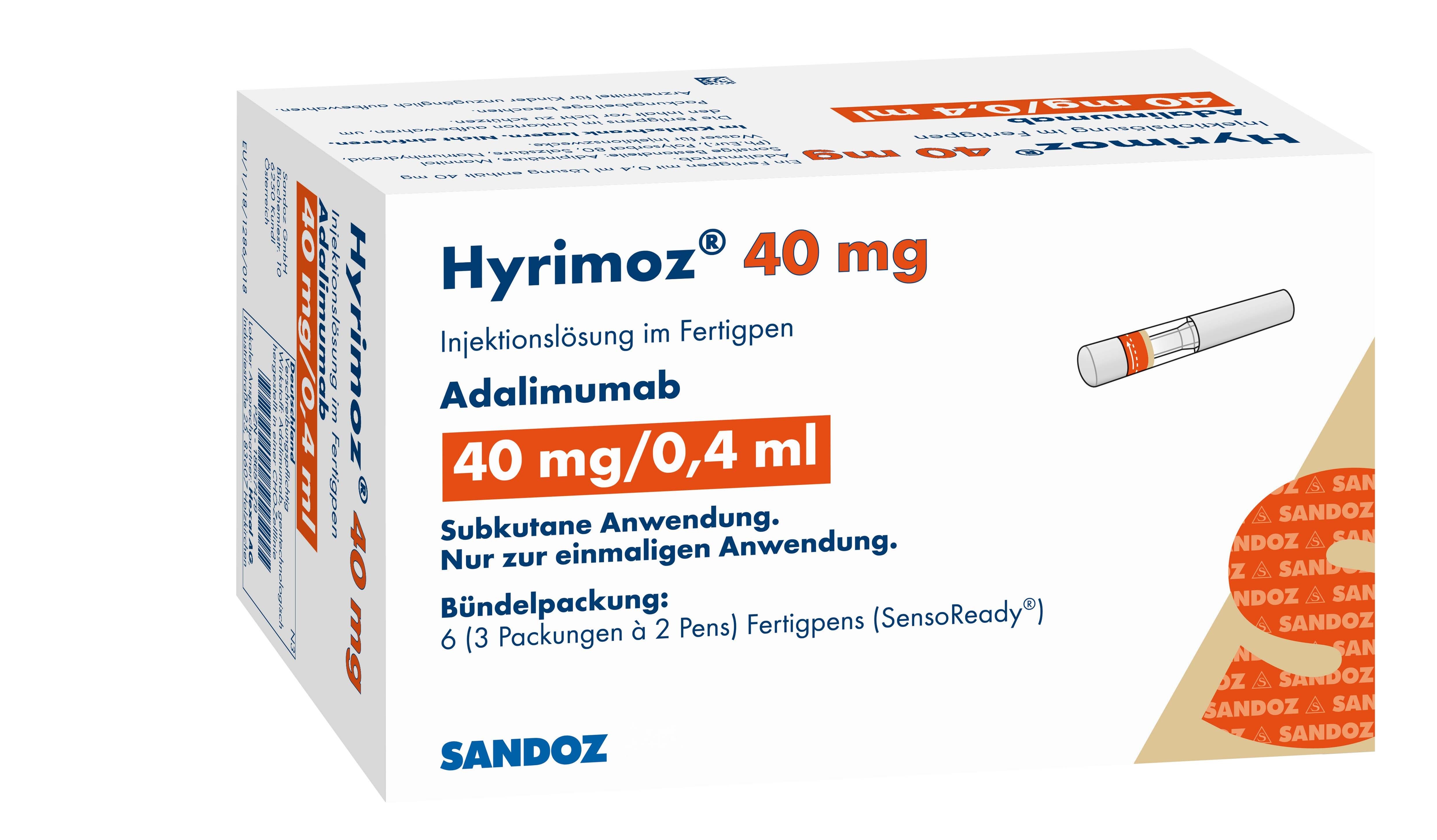 Hyrímoz 40 mg Adalimumab Injektionslösung im Fertigpen. Packung mit 6 Pens.