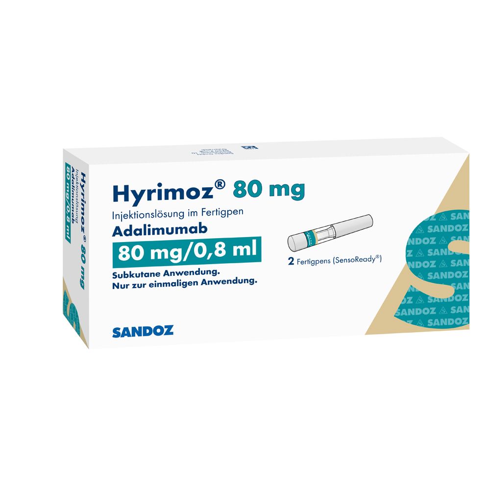 Hyrirmoz 80 mg Injektionslösung im Fertigpen, Adalimumab, 80 mg/0,8 ml. Sandoz.