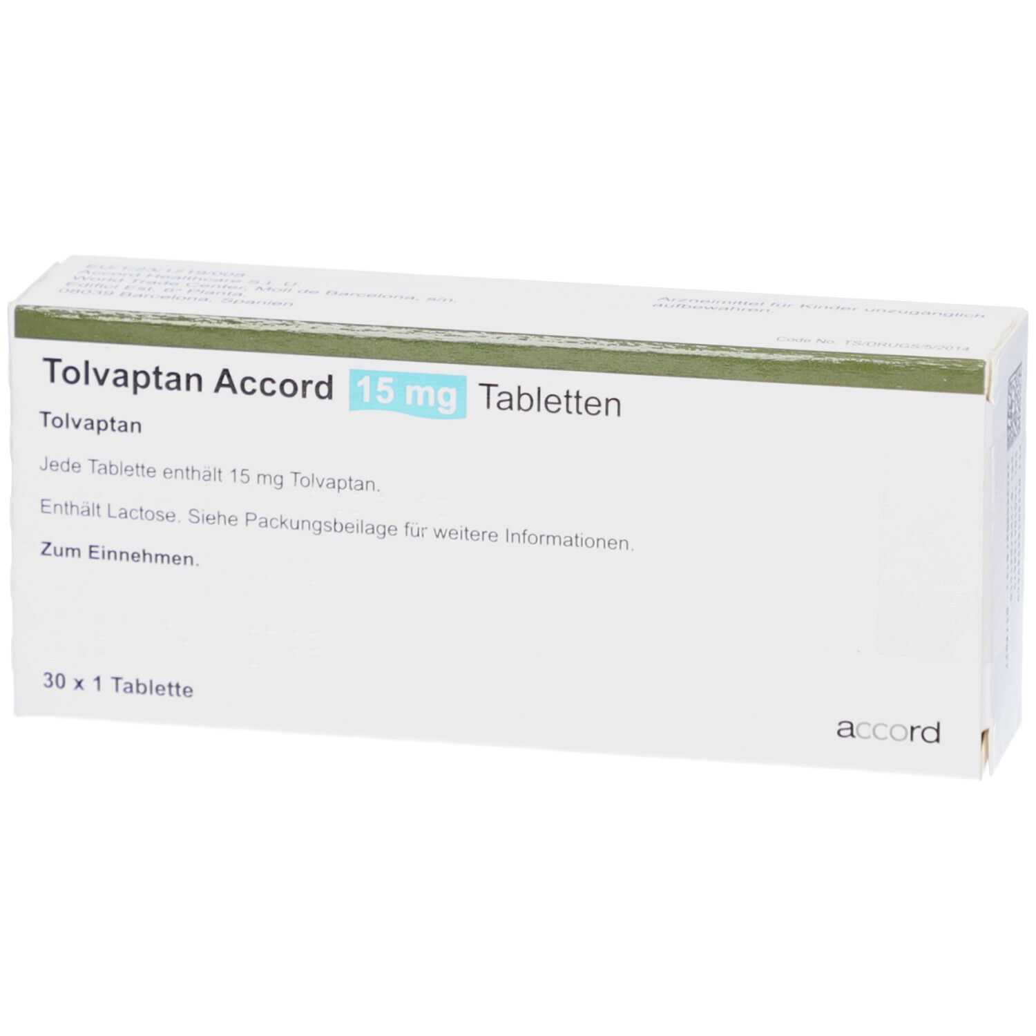 Verpackung von Tolvaptan Accord 15 mg Tabletten. Weißer Karton mit grünen und blauen Akzenten. Produktname und Dosierung deutlich sichtbar.