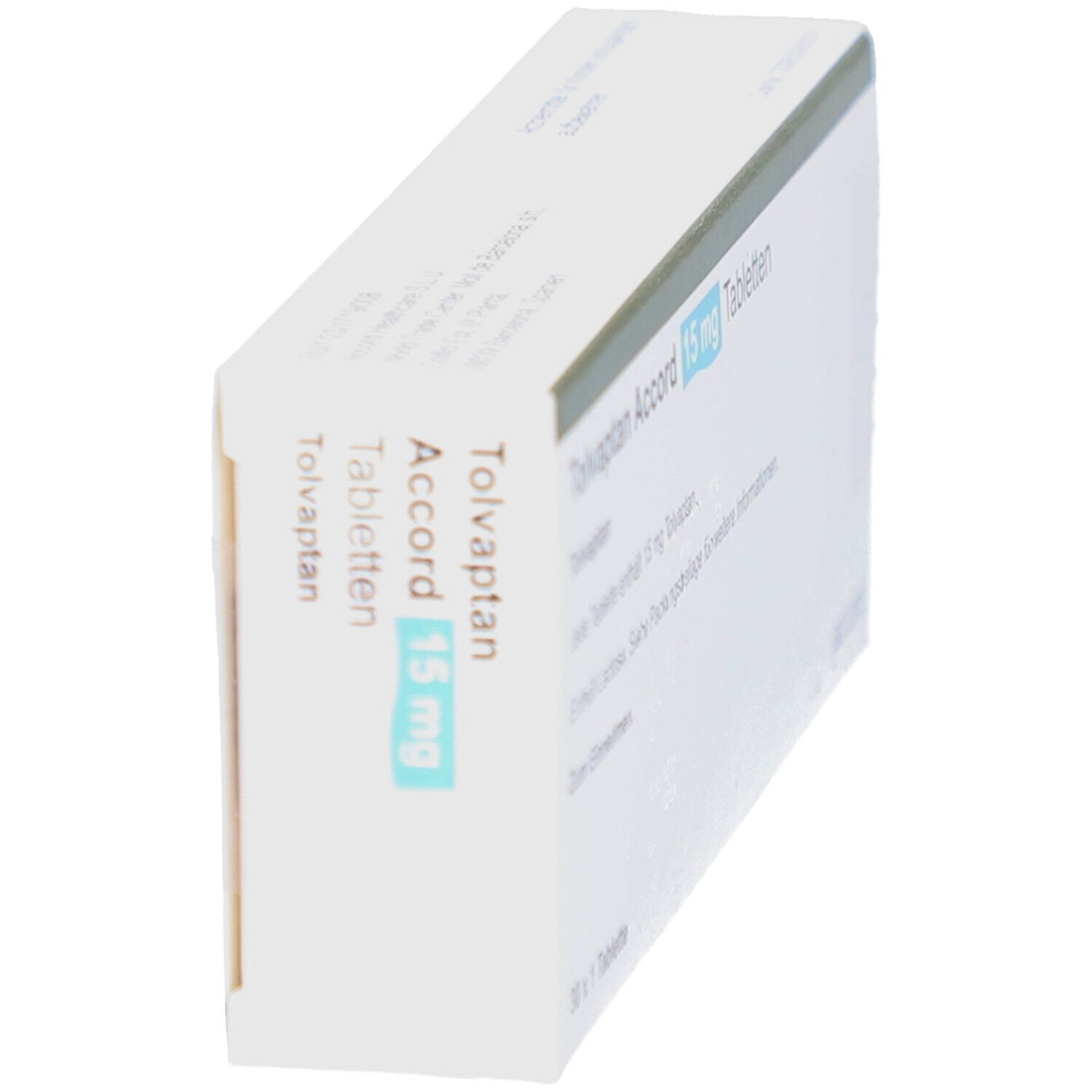 Schrägansicht der Tolvaptan Accord 15 mg Tabletten-Verpackung. Weißer Karton mit Produktnamen und Dosierung in blauer Schrift.