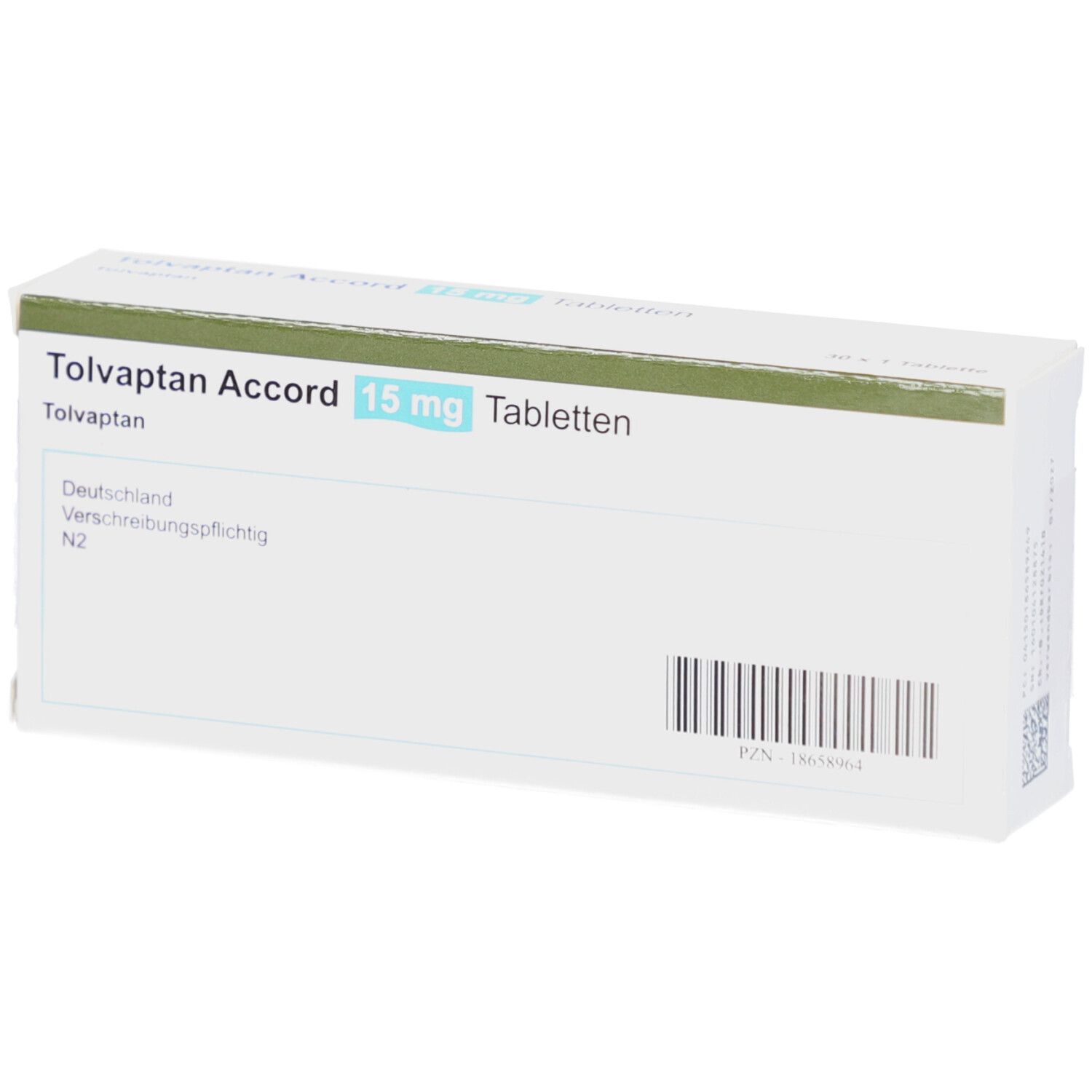 Weiße Tablettenbox mit Aufschrift Tolvaptan Accord 15 mg Tabletten. Barcode und Verschreibungspflicht.
