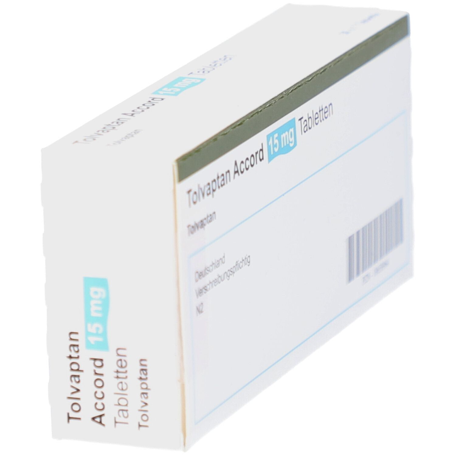 Schrägansicht der Tolvaptan Accord 15 mg Tabletten-Verpackung. Weißer Karton mit Produktinformationen und Barcode.