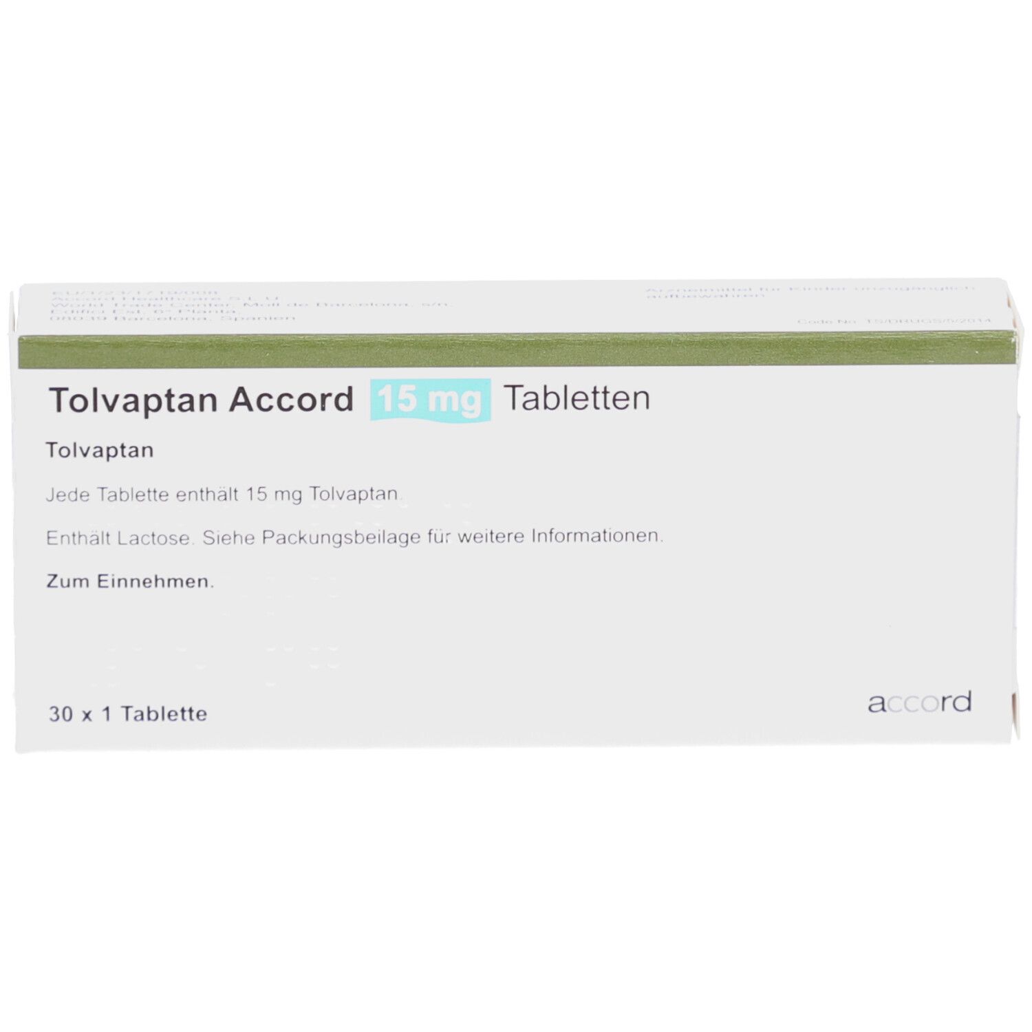 Weiße Tablettenbox mit Aufschrift Tolvaptan Accord 15 mg Tabletten. Enthält 30 Tabletten. Marke Accord.
