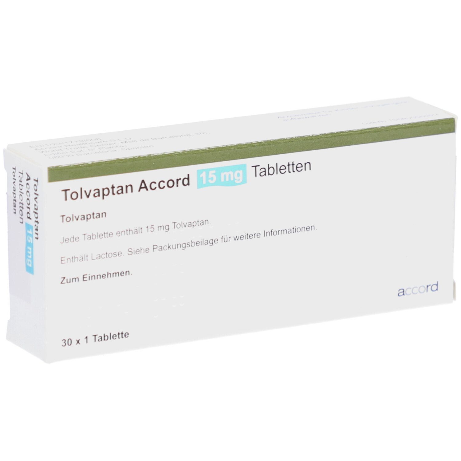 Verpackung von Tolvaptan Accord 15 mg Tabletten. Weißer Karton mit Produktnamen, Dosierung und Packungsinformationen.