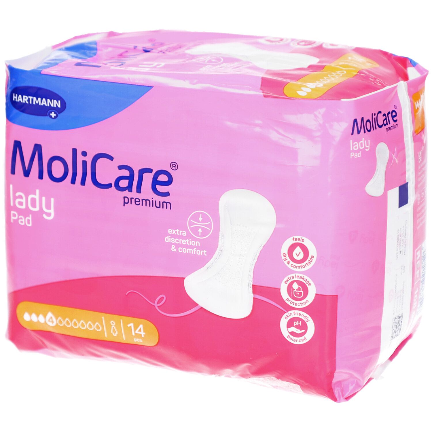 Rosa Verpackung mit MoliCare lady Pad. Produktabbildung und Logos. 8/14 Stück. Hartmann Logo.