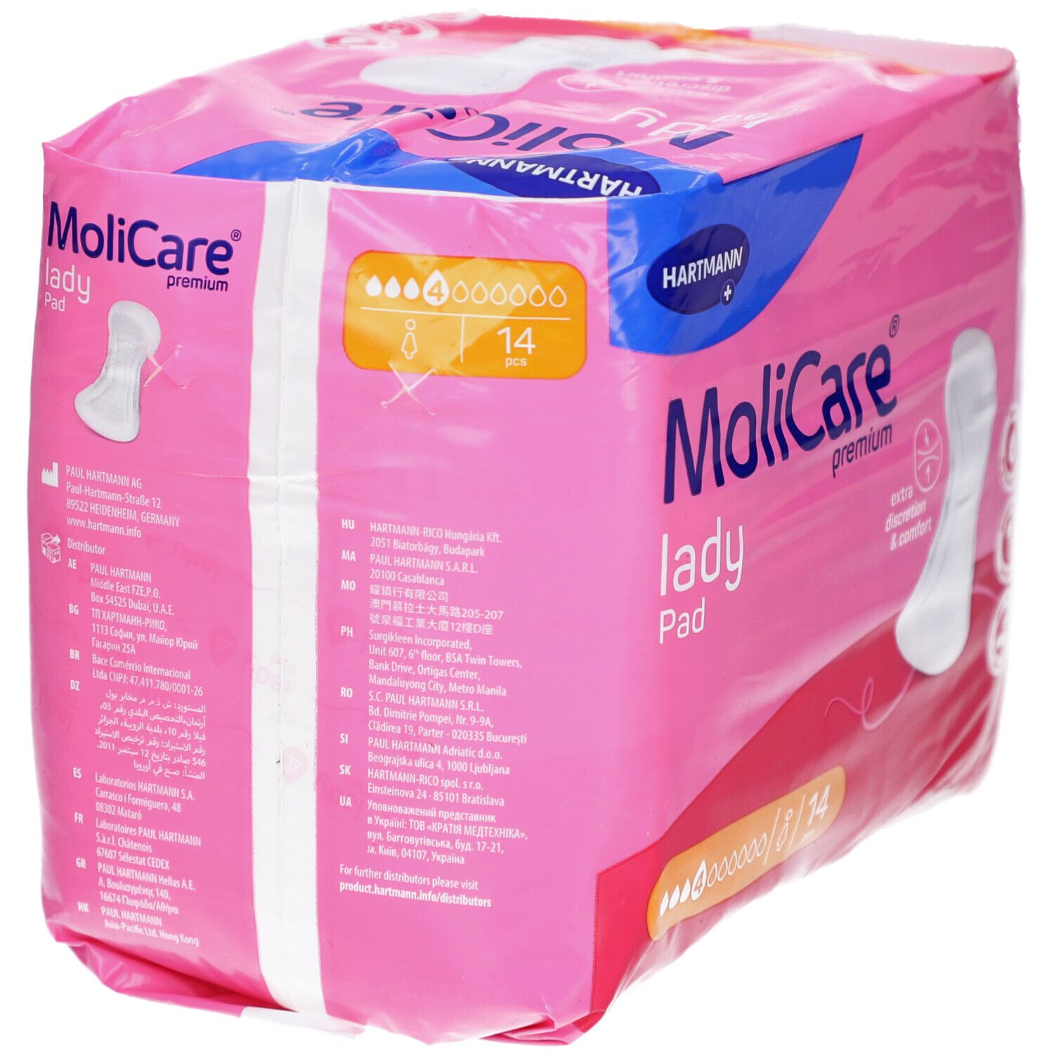 Rückseite der rosa MoliCare lady Pad Verpackung. Text und Logos. Hartmann Logo. 14 Stück.