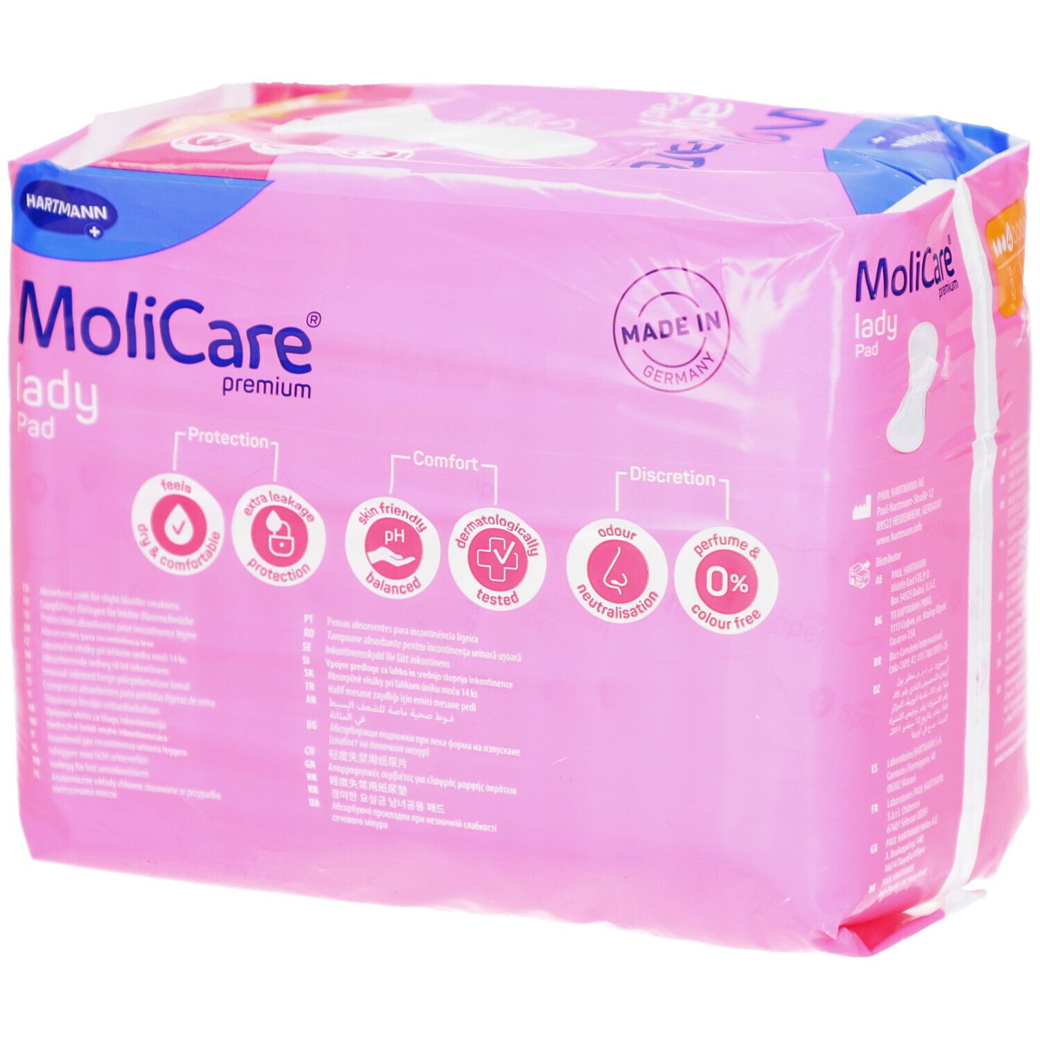 Rosa Verpackung MoliCare lady Pad. Logos und Produktmerkmale. Made in Germany. Hartmann Logo.
