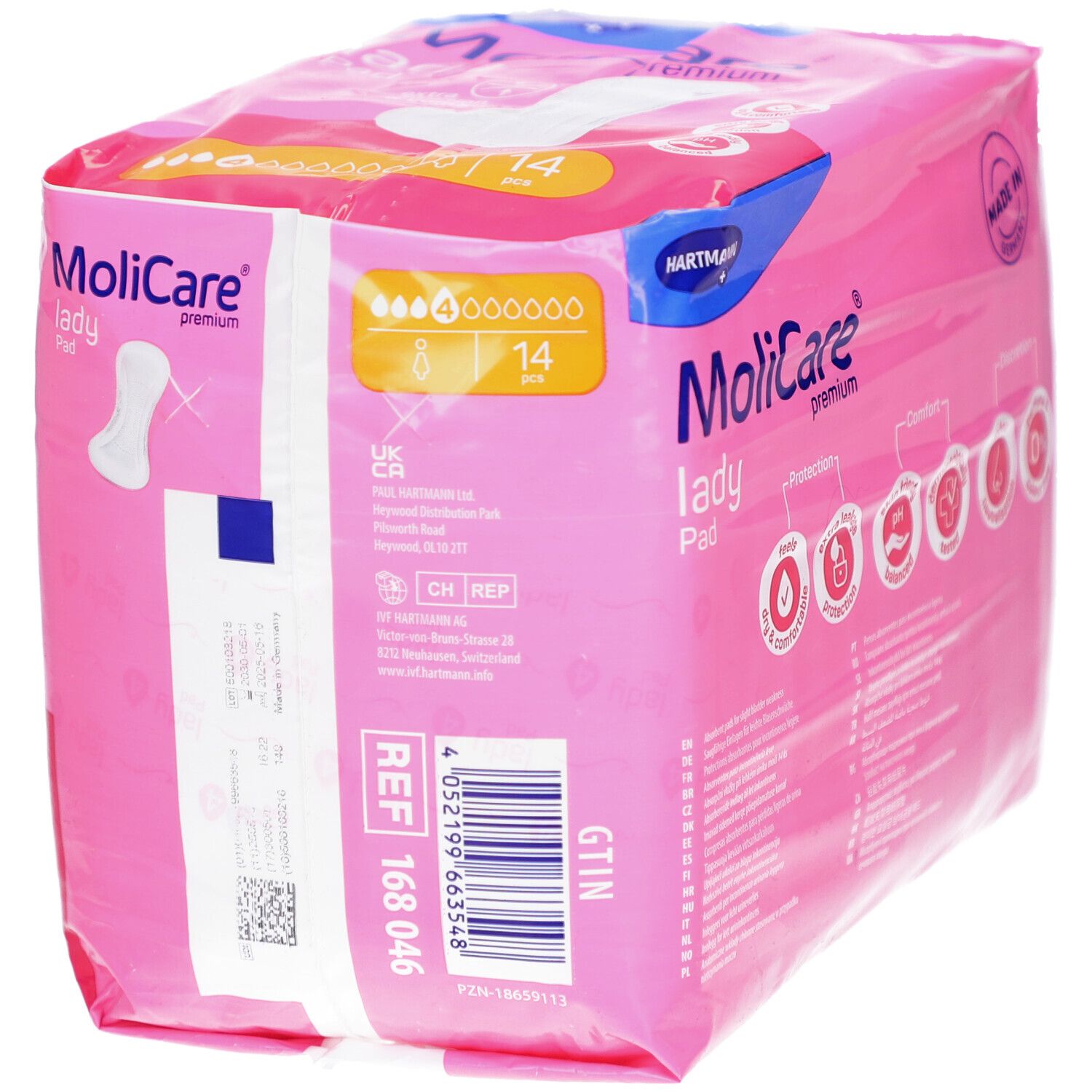 Rückseite der rosa MoliCare lady Pad Verpackung. Text und Logos. Hartmann Logo. 14 Stück.