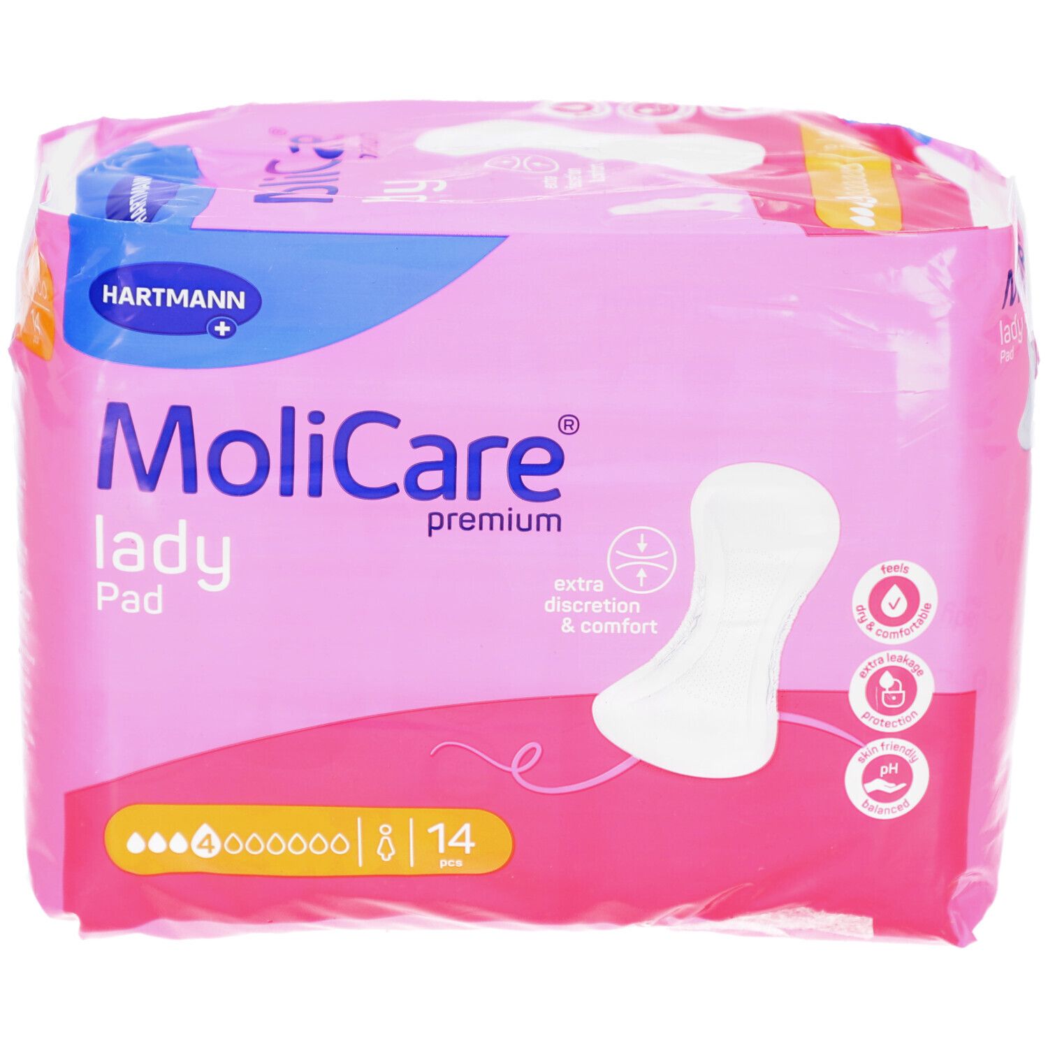 Rosa Verpackung mit MoliCare lady Pad. Produktabbildung und Logos. 8/14 Stück. Hartmann Logo.