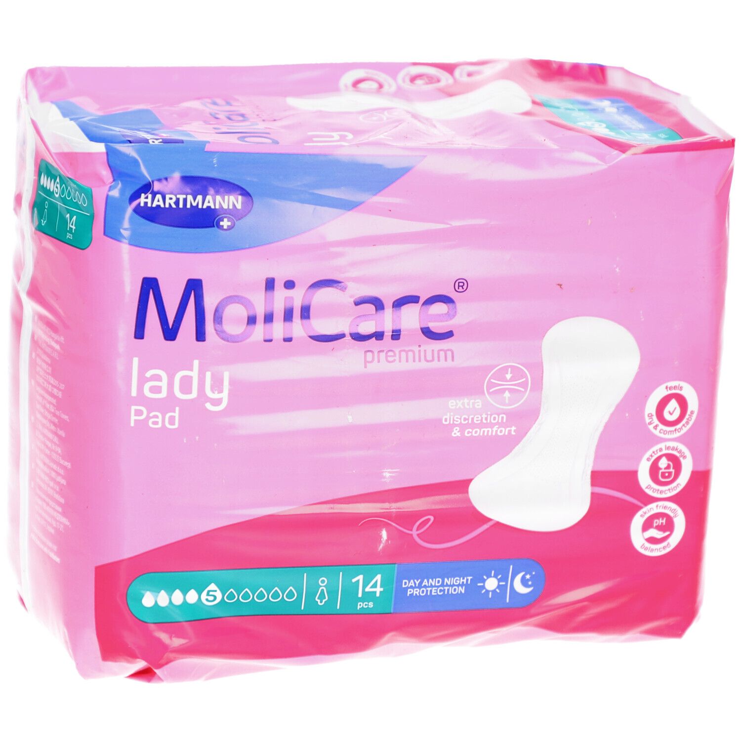 Verpackung MoliCare Lady Pad Extra Plus. Rosa-blaue Verpackung, 14 Stück. Tag- und Nachtschutz. Hartmann-Logo.