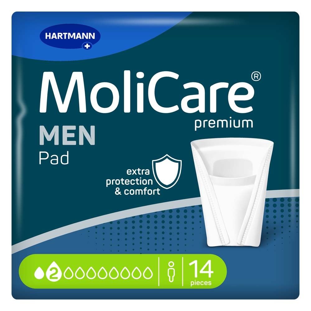 Verpackung MoliCare® premium MEN Pad. Blaue Verpackung mit Produktabbildung und Logo. 14 Stück.