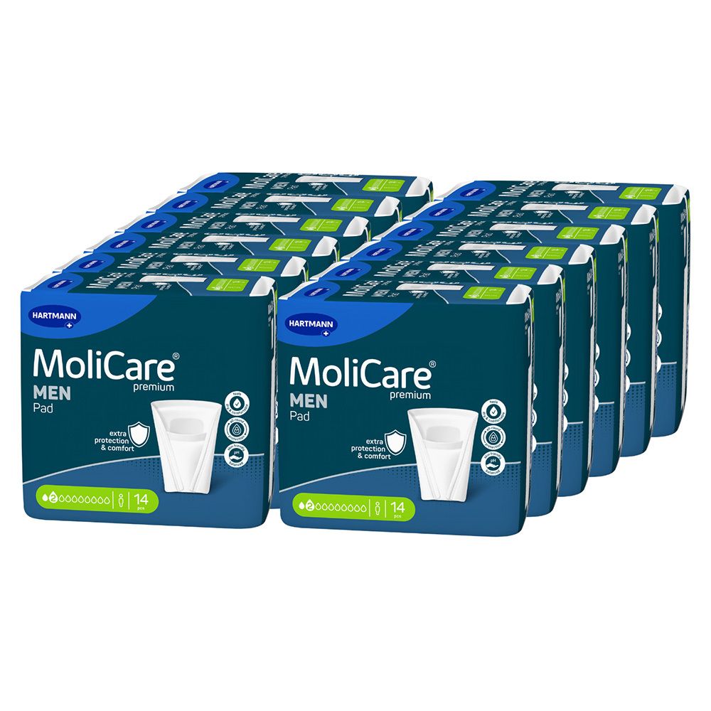 Mehrere Packungen MoliCare® premium MEN Pad. Blaue Verpackung mit Produktabbildung und Logo. 14 Stück pro Packung.
