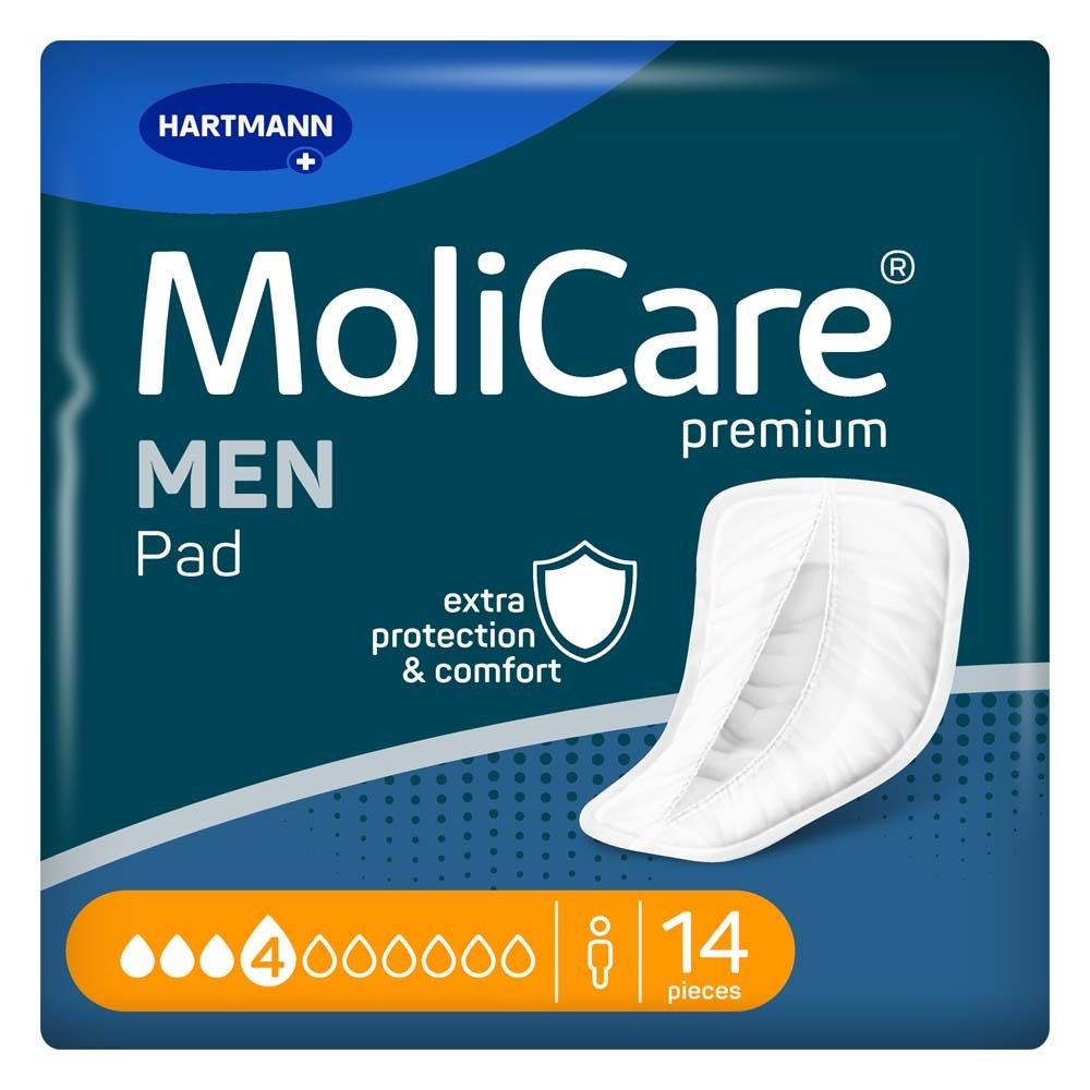 Verpackung mit MoliCare MEN Pad. Blaue Verpackung mit Produktabbildung und Logo. 14 Stück.