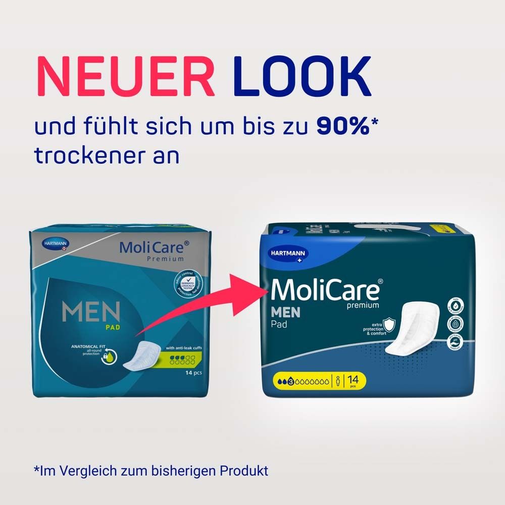 Vergleich: Alte und neue Verpackung von MoliCare MEN Pad. Neues Design, bis zu 90% trockener.
