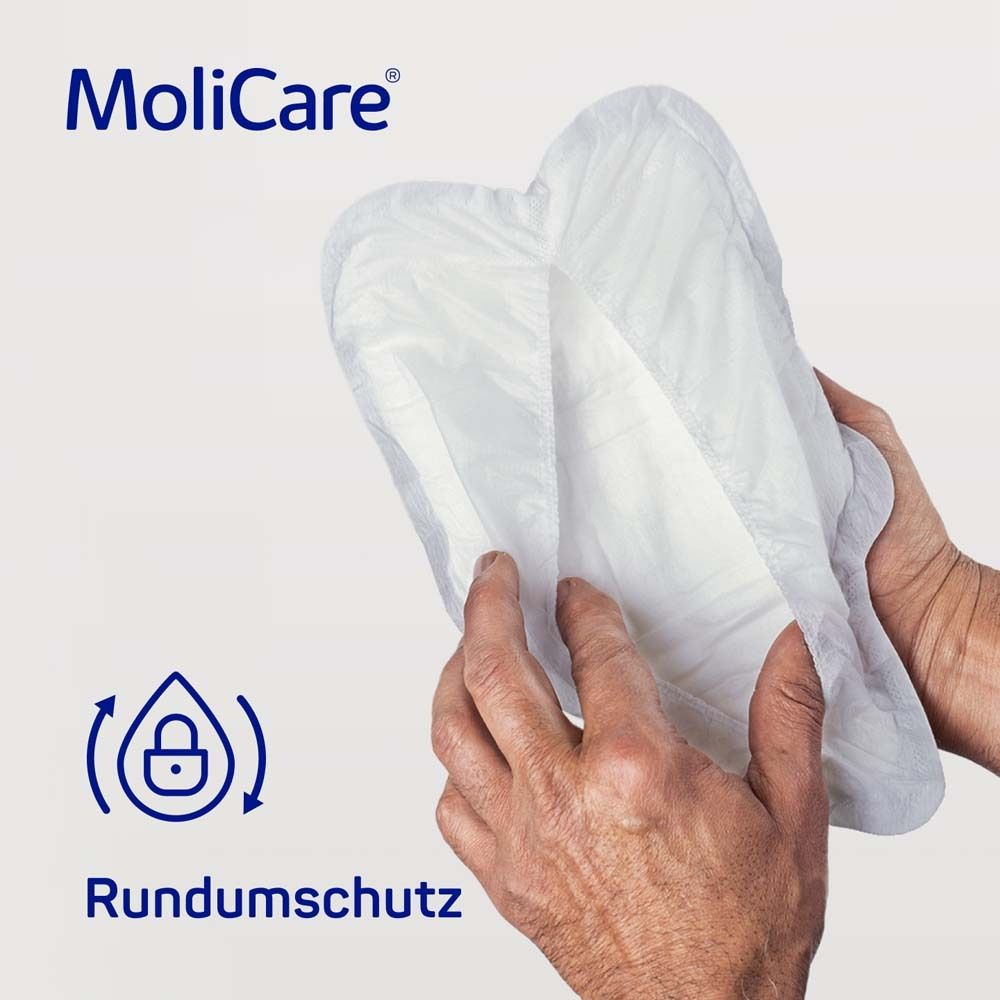 MoliCare® Pad in Händen. Produkt zeigt Rundumschutz. Abbildung eines Tropfens mit Schloss.