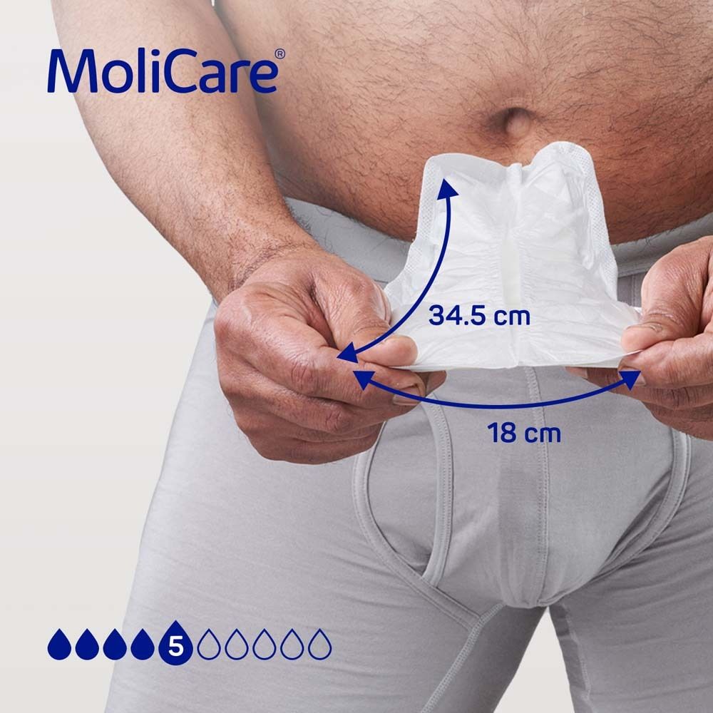 Mann in Unterhose. MoliCare® Pad mit Größenangaben: 18 cm x 34,5 cm. Saugstärke: 5 Tropfen.