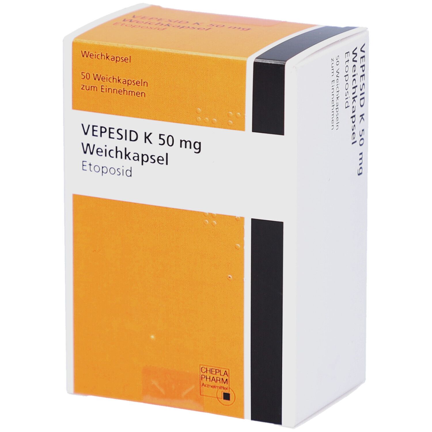 Schachtel mit VEPESID K 50 mg Weichkapseln. Orange-weißes Design. Aufschrift: 50 Weichkapseln, Etoposid.