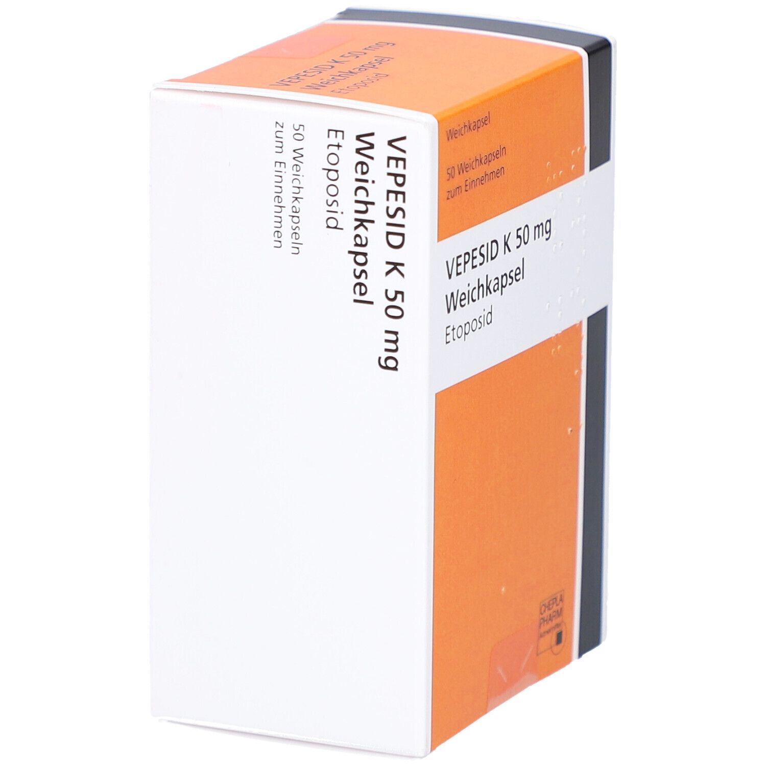 Schachtel mit VEPESID K 50 mg Weichkapseln. Orange-weißes Design. Aufschrift: 50 Weichkapseln, Etoposid.
