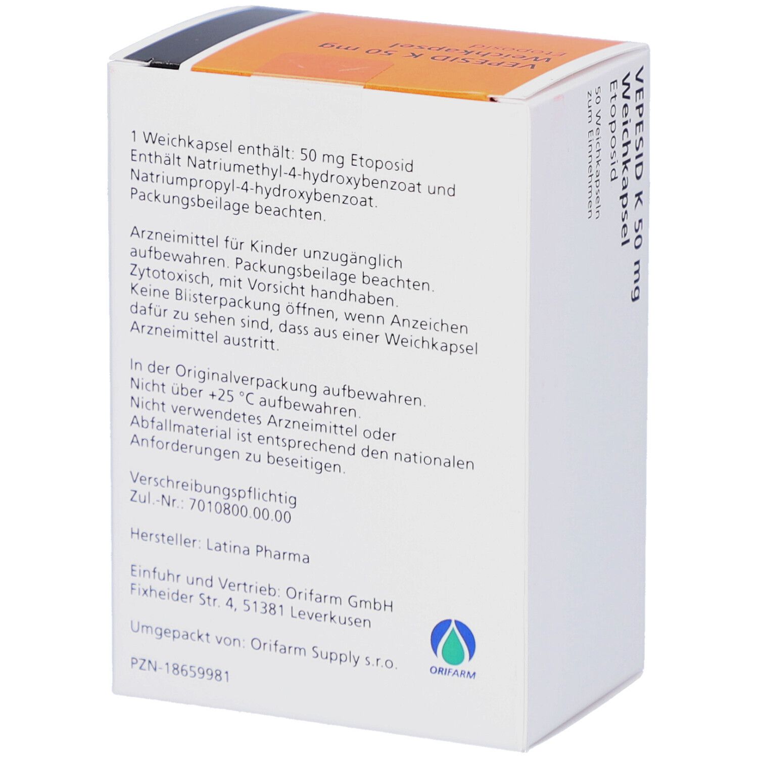 Rückseite der Schachtel mit VEPESID K 50 mg Weichkapseln. Textinformationen, Inhaltsstoffe, Hersteller.