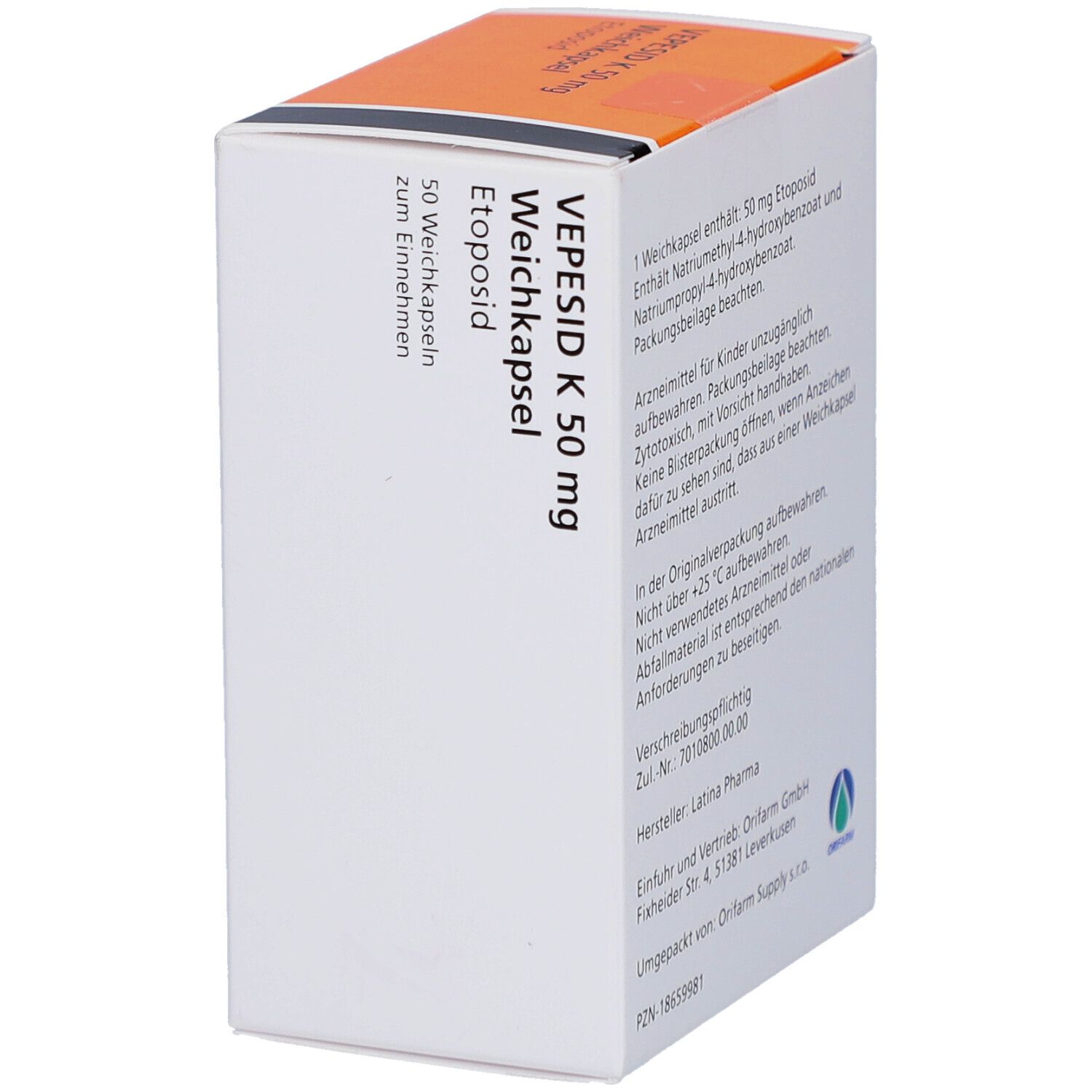 Schachtel mit VEPESID K 50 mg Weichkapseln. Textinformationen, Inhaltsstoffe, Hersteller.