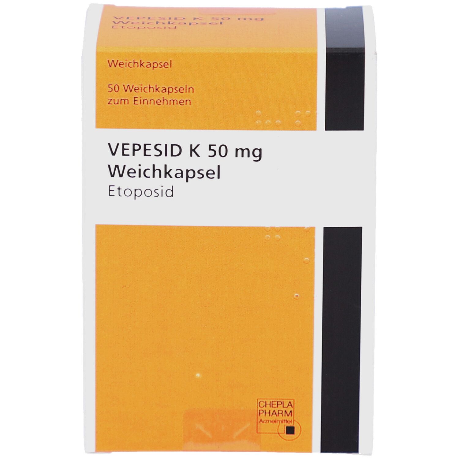 Schachtel mit VEPESID K 50 mg Weichkapseln. Orange-weißes Design. Aufschrift: 50 Weichkapseln, Etoposid.