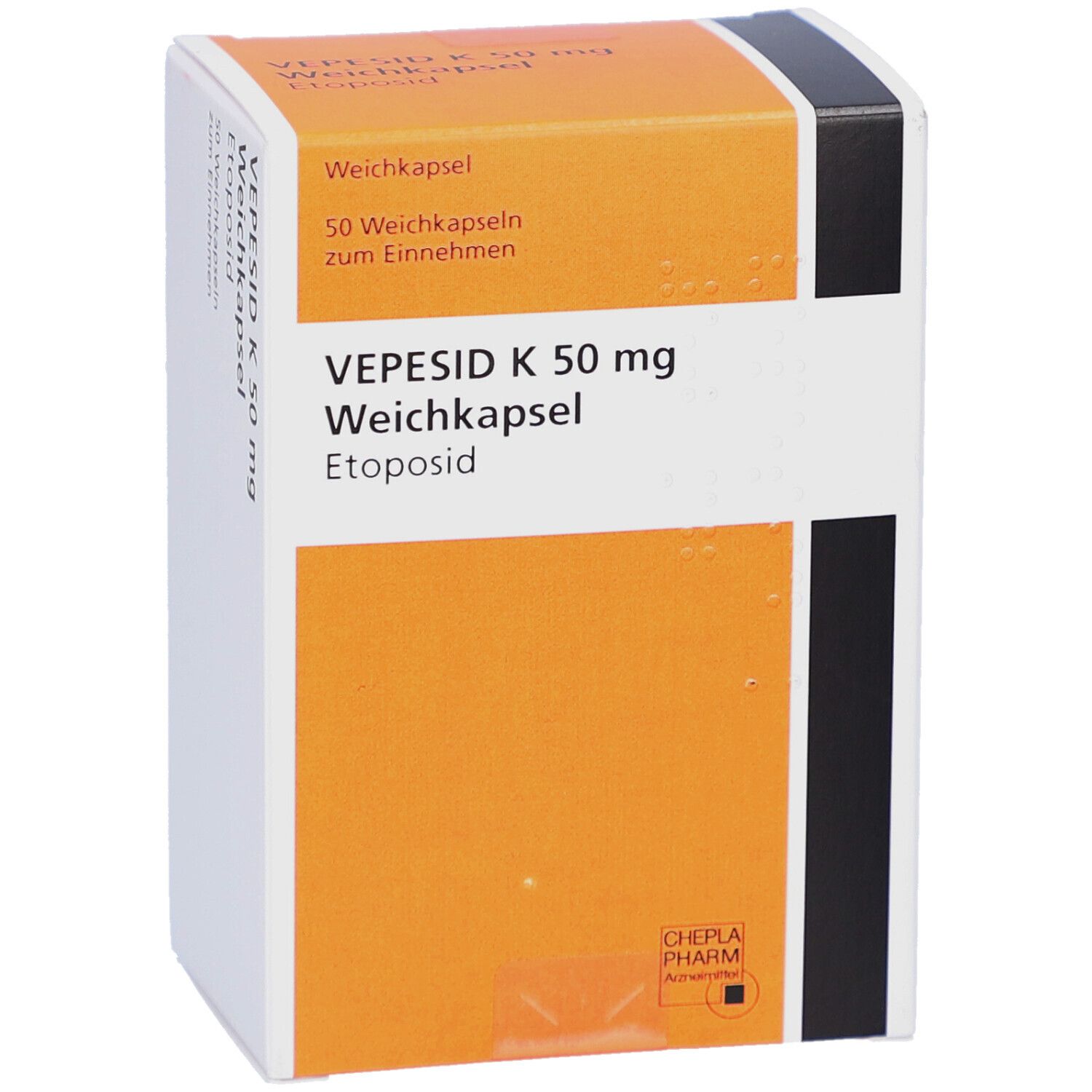 Schachtel mit VEPESID K 50 mg Weichkapseln. Orange-weißes Design. Aufschrift: 50 Weichkapseln, Etoposid.
