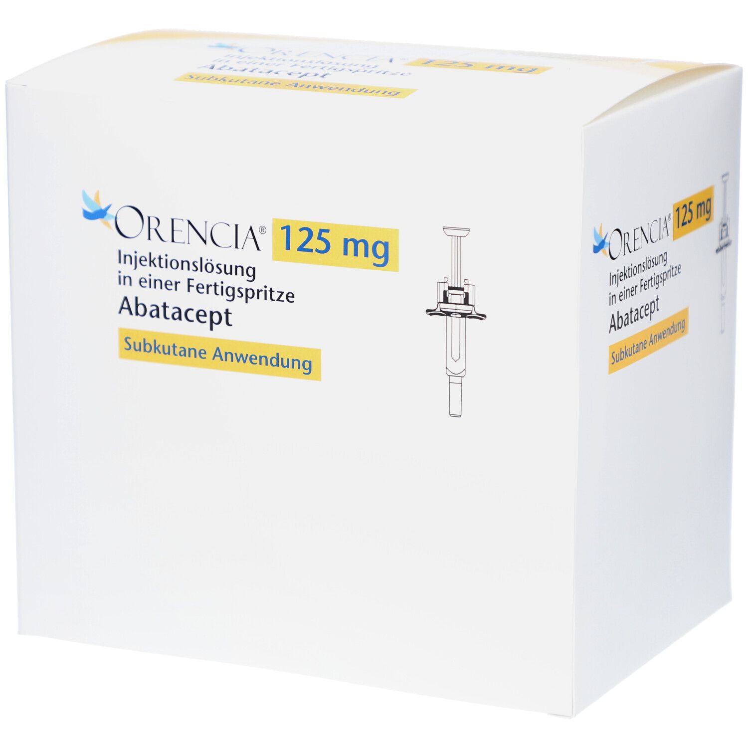 Weiße Faltschachtel mit ORENCIA 125 mg Aufdruck. Abbildung einer Fertigspritze. Gelber Text: Subkutane Anwendung.