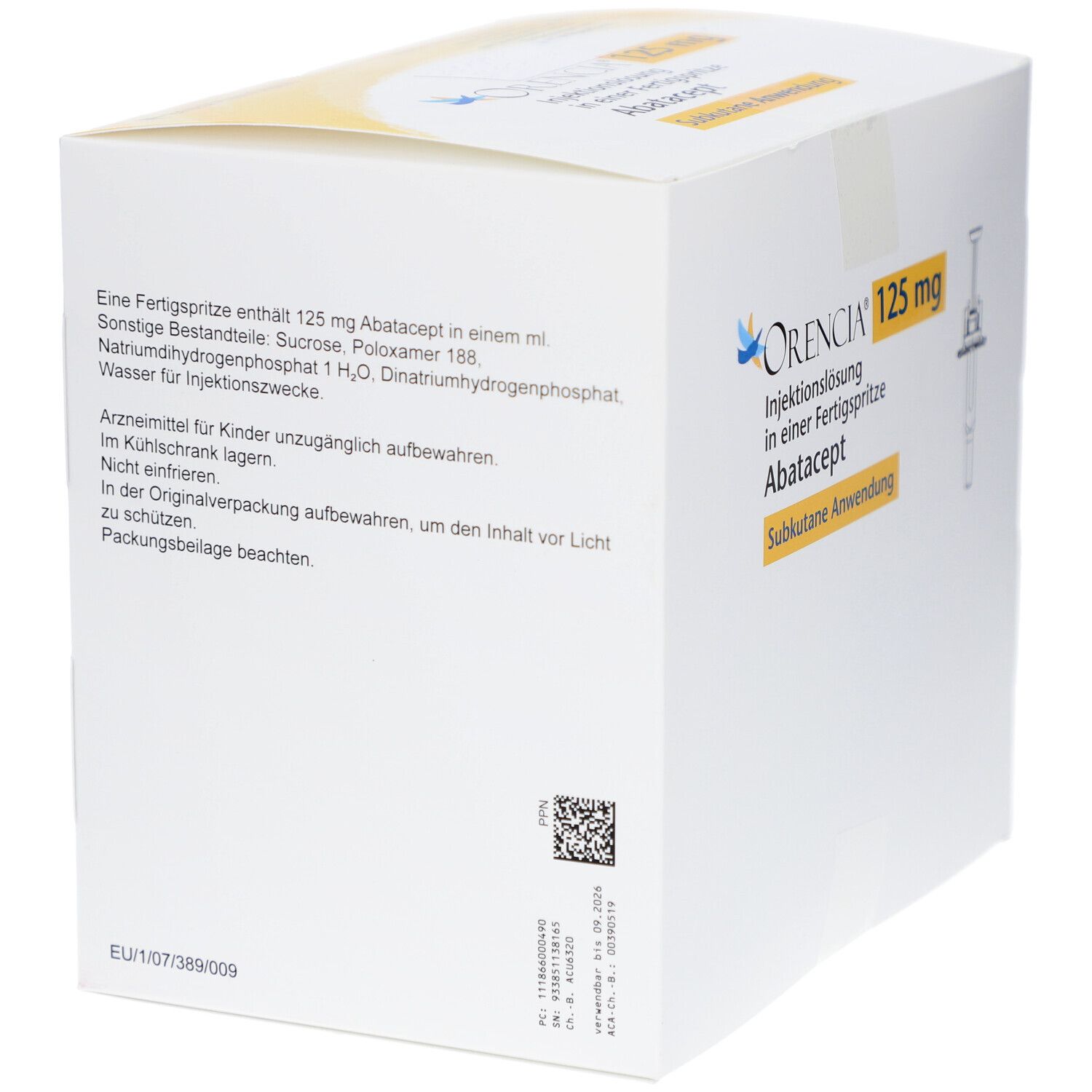 Weiße Faltschachtel mit Text. Enthält 125 mg Abatacept. QR-Code und EU-Chargennummer. Gelber Text: Subkutane Anwendung.