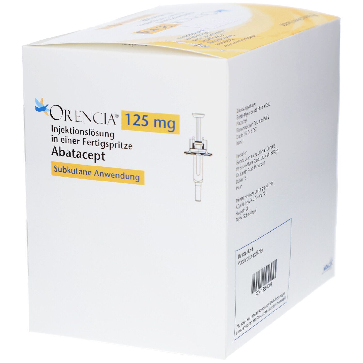 Weiße Faltschachtel mit ORENCIA 125 mg Aufdruck. Abbildung einer Fertigspritze. Gelber Text: Subkutane Anwendung.
