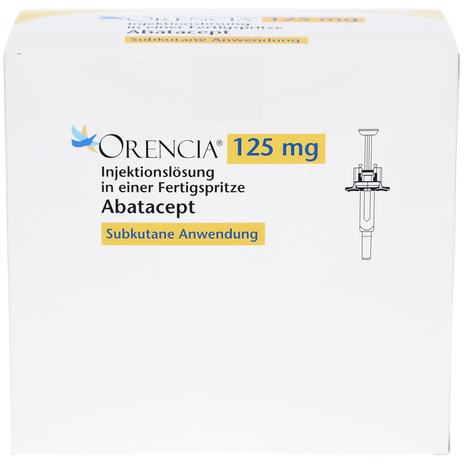 Weiße Faltschachtel mit ORENCIA 125 mg Aufdruck. Abbildung einer Fertigspritze. Gelber Text: Subkutane Anwendung.