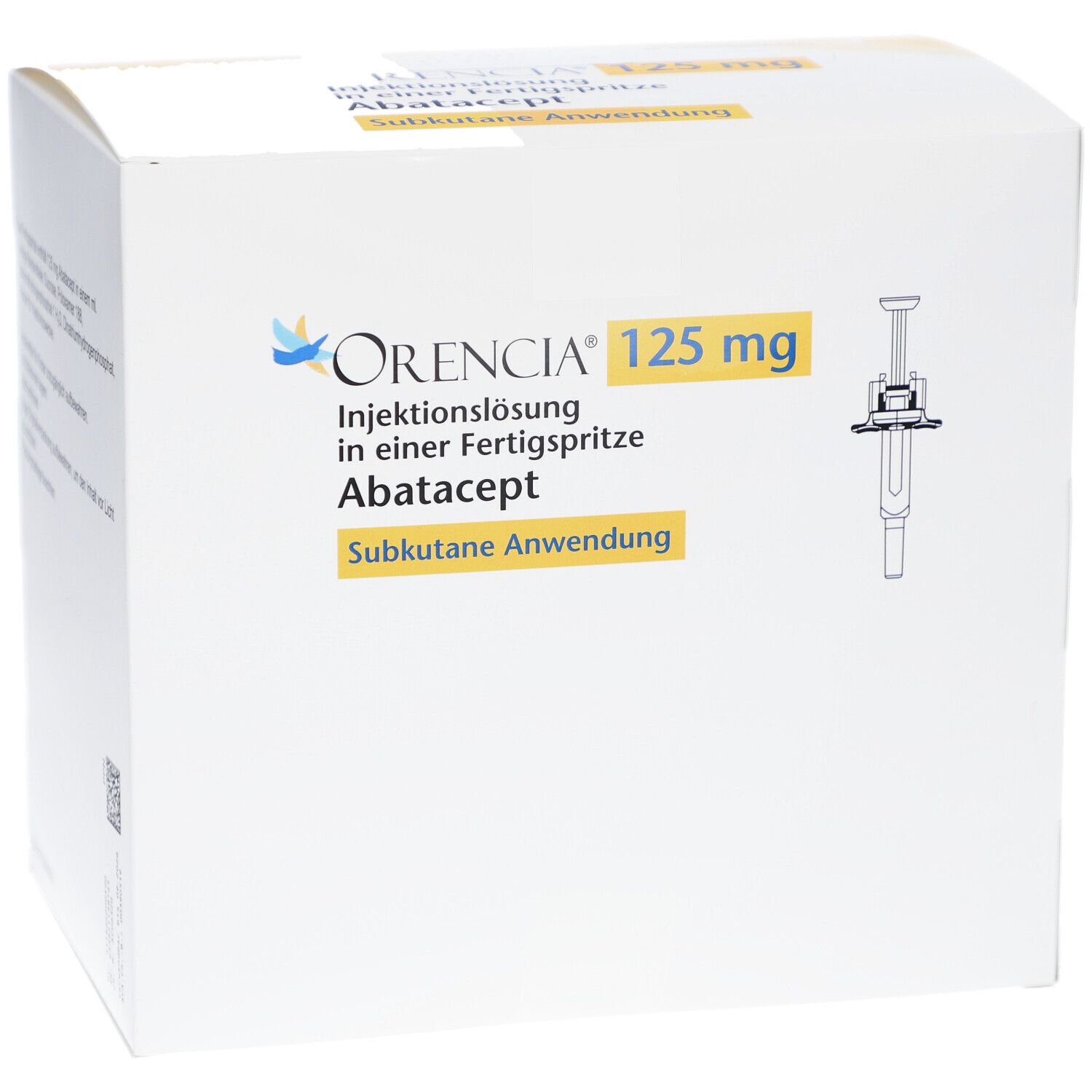 Weiße Faltschachtel mit ORENCIA 125 mg Aufdruck. Abbildung einer Fertigspritze. Gelber Text: Subkutane Anwendung.