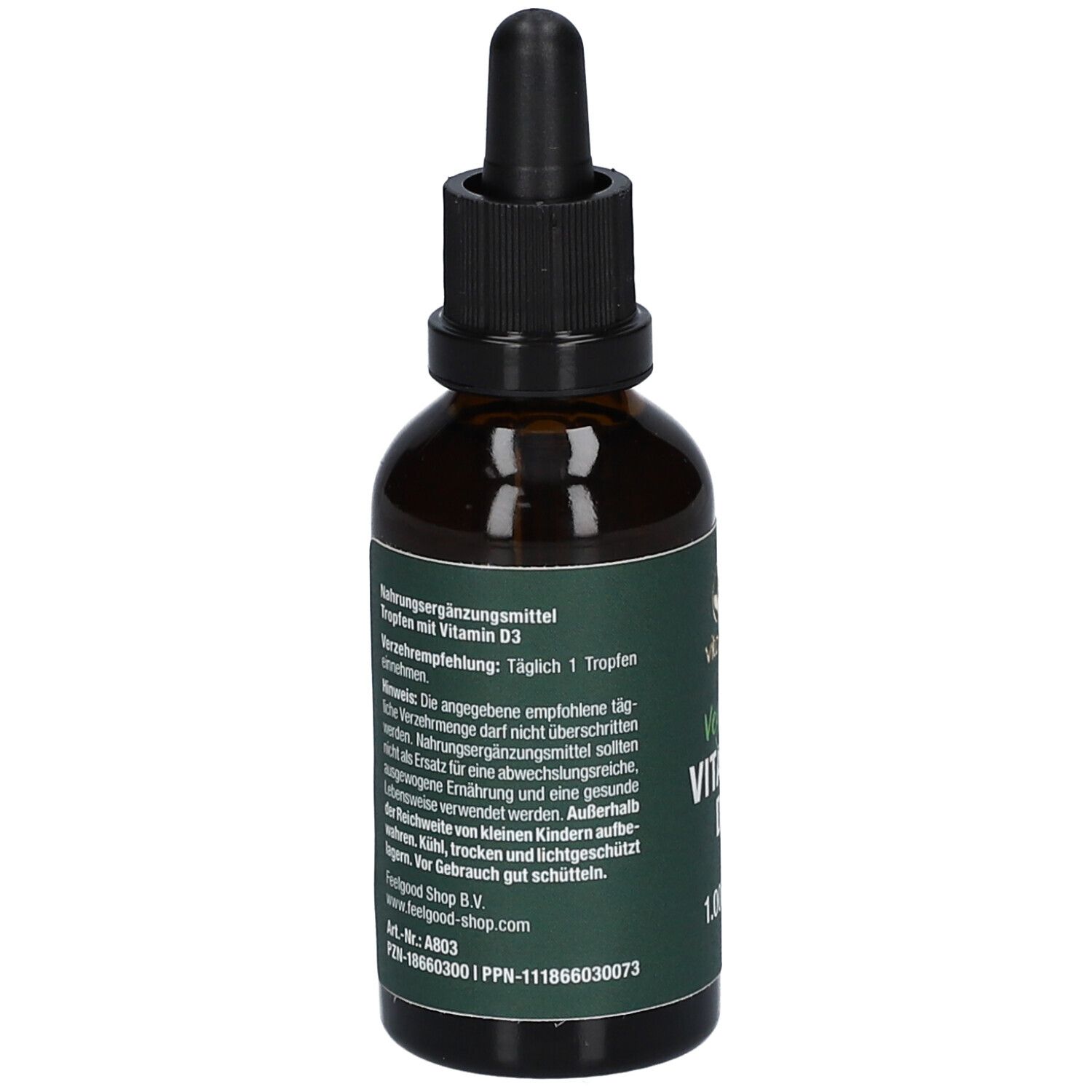 Braune Glasflasche mit Tropfer. Aufschrift: vitactiv Vegan Vitamin D3 1.000 I.E. Detailansicht.