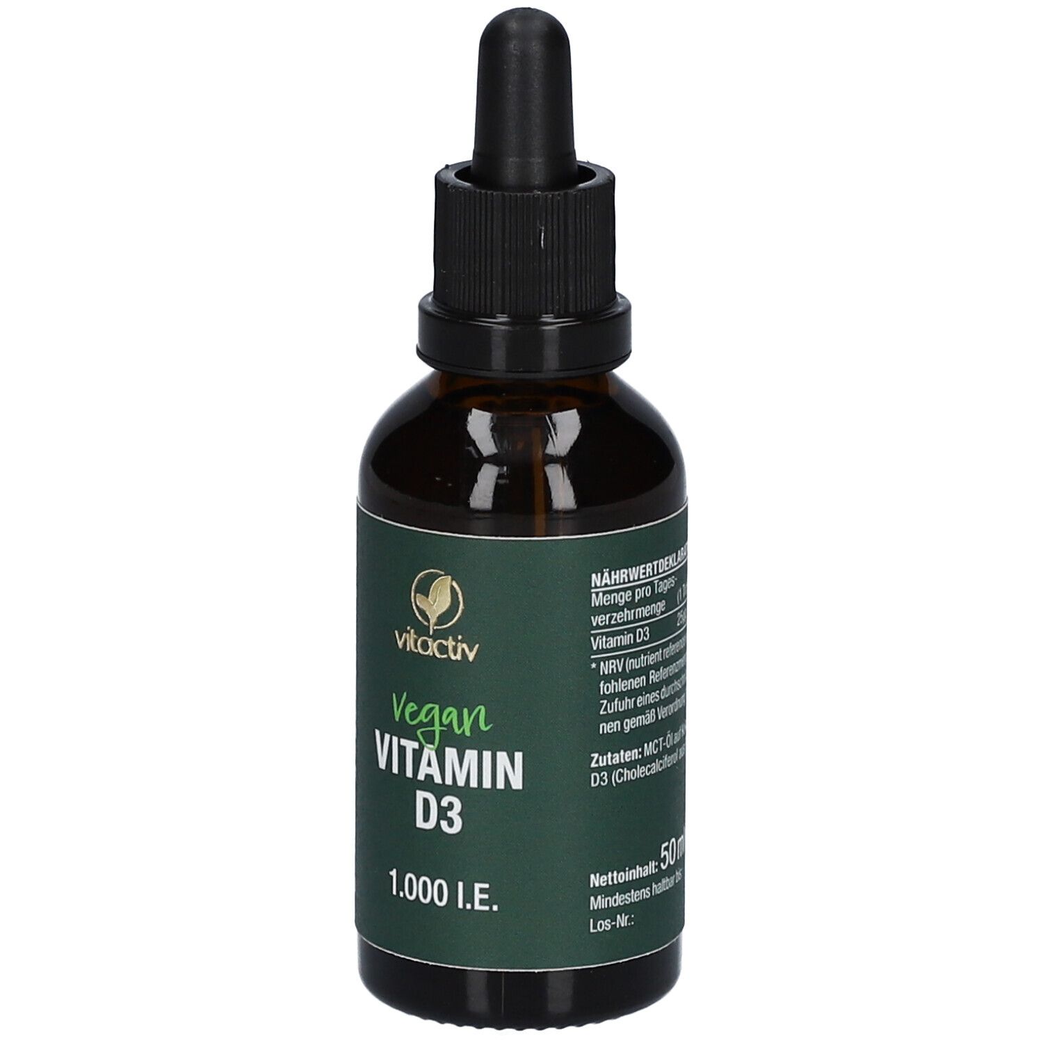 Braune Glasflasche mit Tropfer. Aufschrift: vitactiv Vegan Vitamin D3 1.000 I.E. Detailansicht.