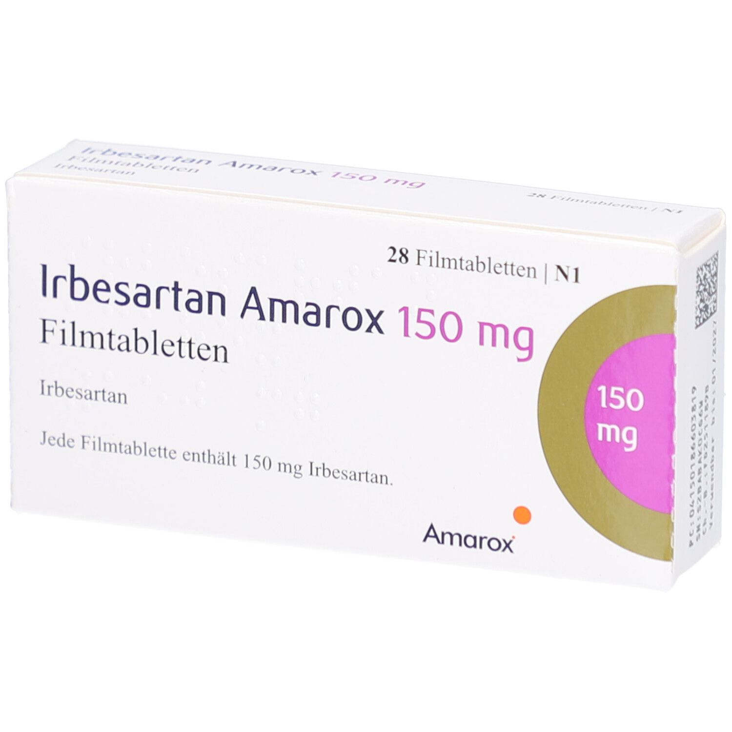 Weiße Arzneimittelverpackung. Aufschrift: Irbesartan Amarox 150 mg Filmtabletten. 28 Filmtabletten. Logo mit 150 mg.