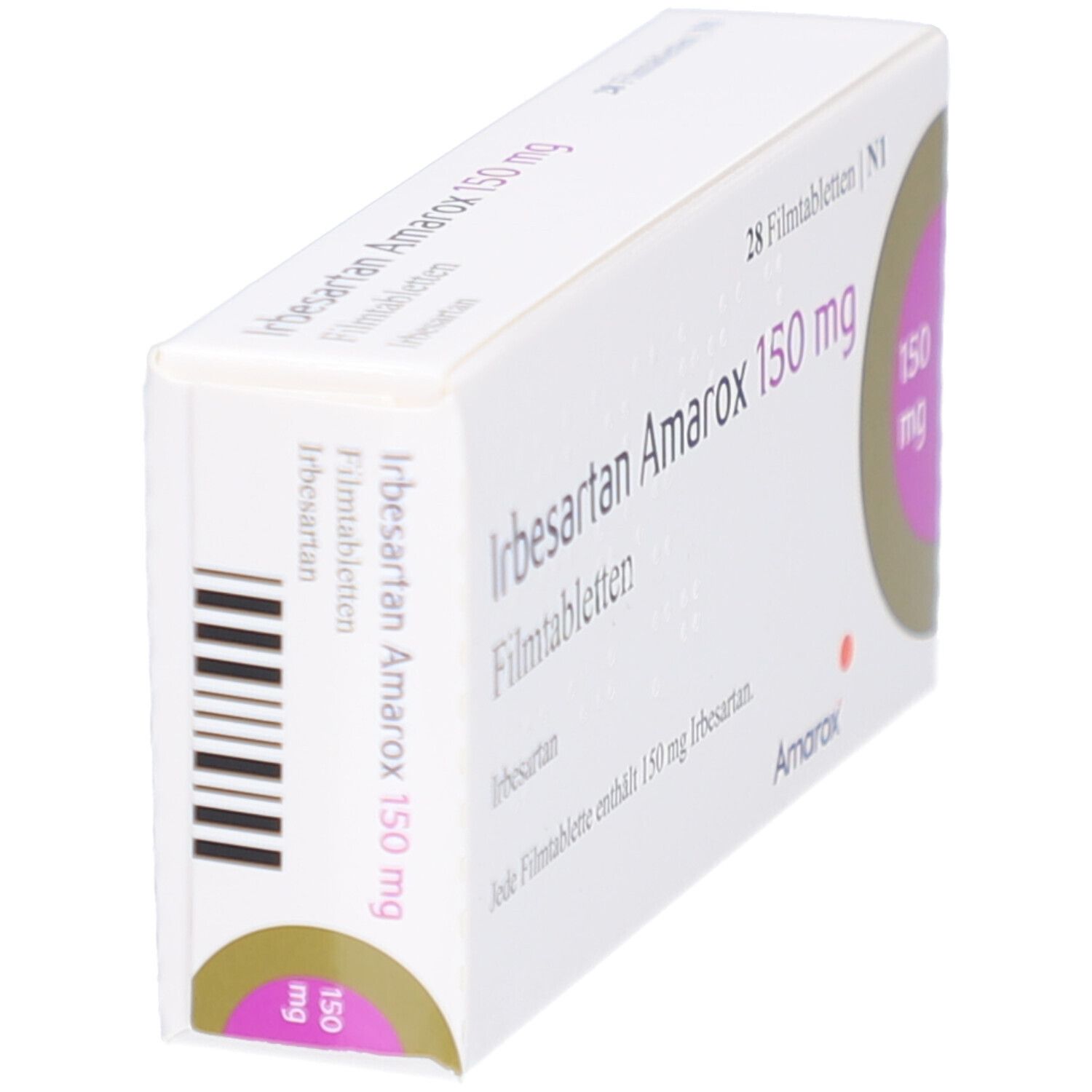Arzneimittelverpackung, weiß. Aufschrift: Irbesartan Amarox 150 mg Filmtabletten. 28 Filmtabletten. Logo mit 150 mg. Schräge Ansicht.