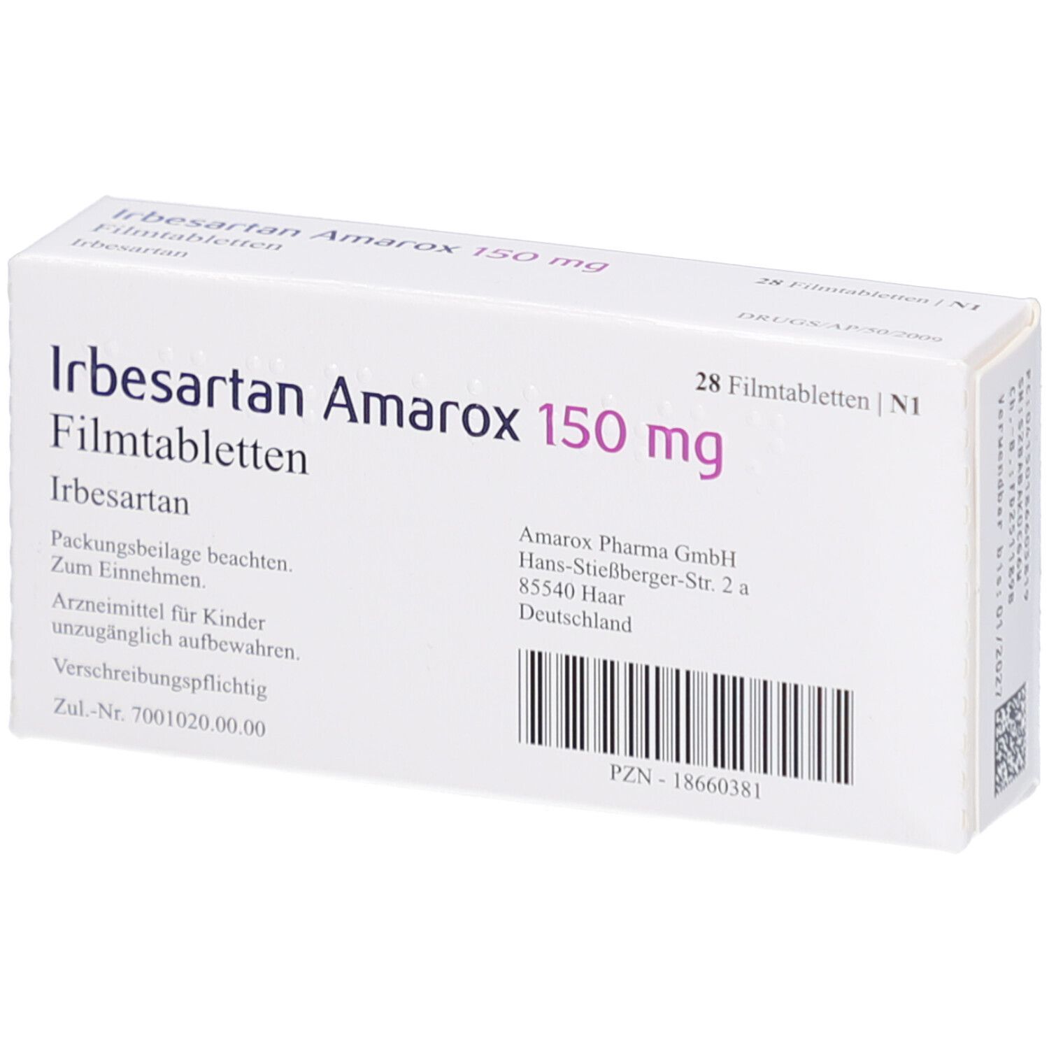 Weiße Arzneimittelverpackung. Aufschrift: Irbesartan Amarox 150 mg Filmtabletten. 28 Filmtabletten. Herstelleradresse.