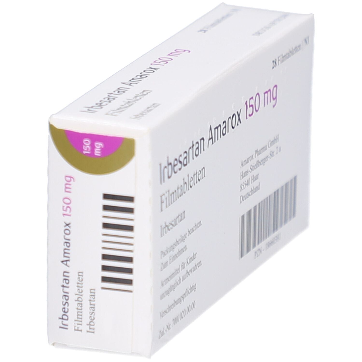 Arzneimittelverpackung, weiß. Aufschrift: Irbesartan Amarox 150 mg Filmtabletten. 28 Filmtabletten. Schräge Ansicht.