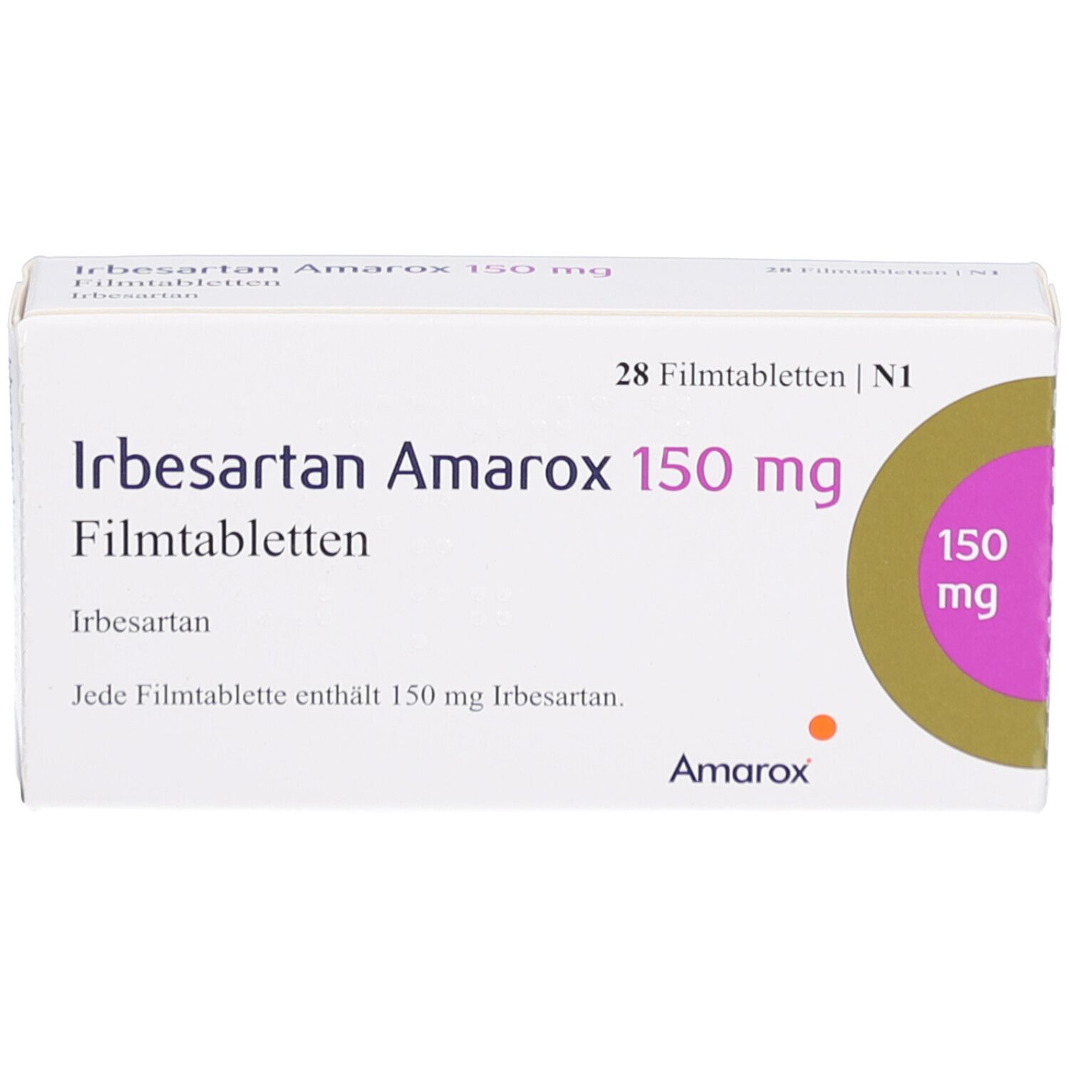 Weiße Arzneimittelverpackung. Aufschrift: Irbesartan Amarox 150 mg Filmtabletten. 28 Filmtabletten. Logo mit 150 mg.