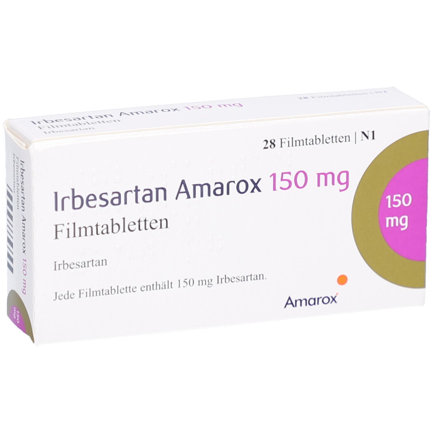 Weiße Arzneimittelverpackung. Aufschrift: Irbesartan Amarox 150 mg Filmtabletten. 28 Filmtabletten. Logo mit 150 mg.