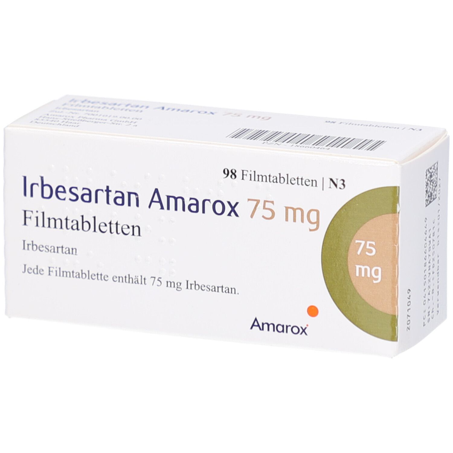 Schachtel mit IRBESARTAN Amarox 75 mg Filmtabletten. Aufschrift: 98 Filmtabletten. Logo Amarox. 75 mg.