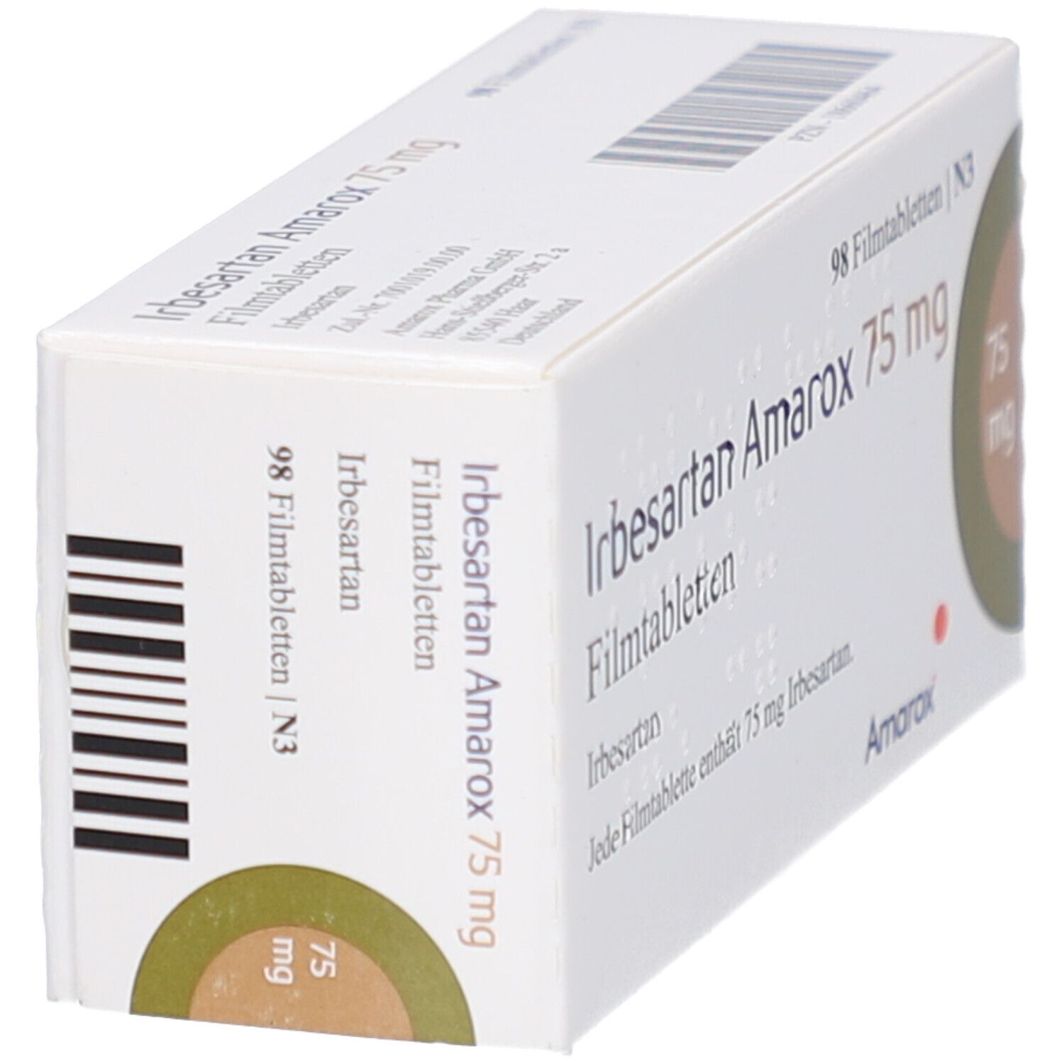 Schachtel IRBESARTAN Amarox 75 mg Filmtabletten. Aufschrift: 98 Filmtabletten. Logo Amarox. 75 mg. Barcode.