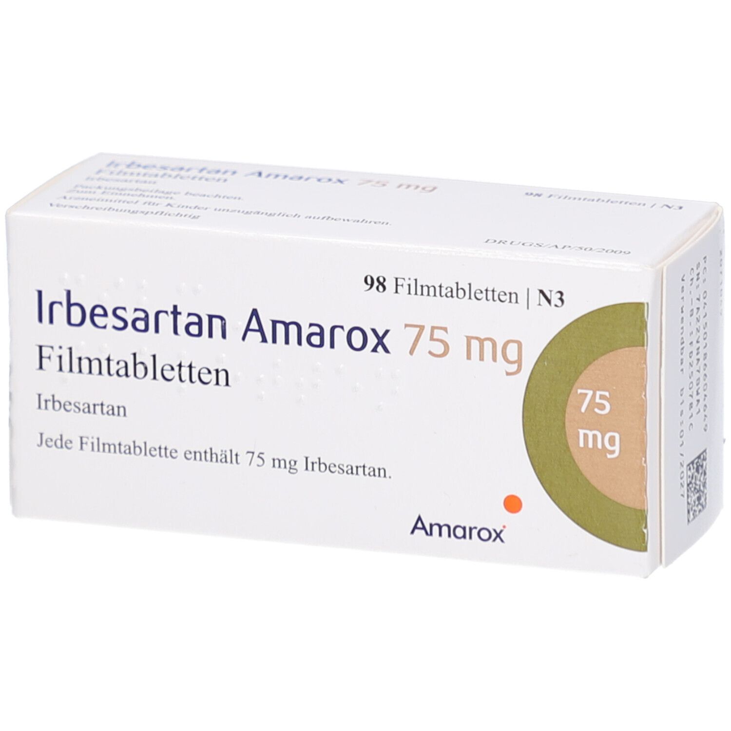 Schachtel mit IRBESARTAN Amarox 75 mg Filmtabletten. Aufschrift: 98 Filmtabletten. Logo Amarox. 75 mg.