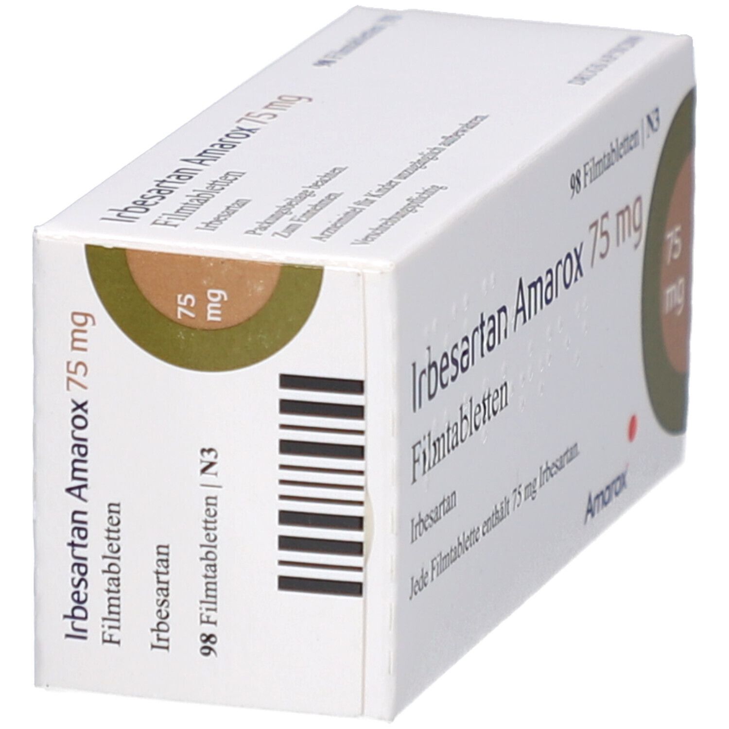 Schachtel IRBESARTAN Amarox 75 mg Filmtabletten. Aufschrift: 98 Filmtabletten. Logo Amarox. 75 mg.
