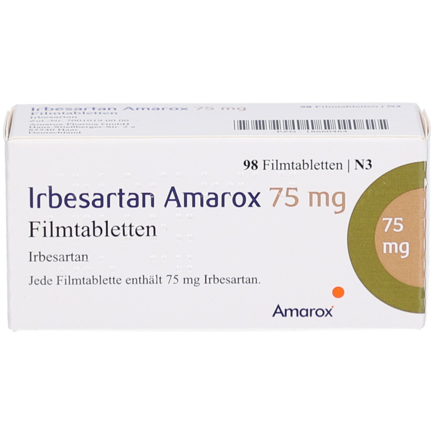 Schachtel mit IRBESARTAN Amarox 75 mg Filmtabletten. Aufschrift: 98 Filmtabletten. Logo Amarox. 75 mg.