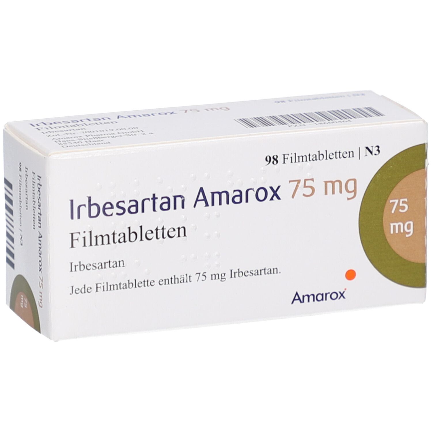 Schachtel mit IRBESARTAN Amarox 75 mg Filmtabletten. Aufschrift: 98 Filmtabletten. Logo Amarox. 75 mg.